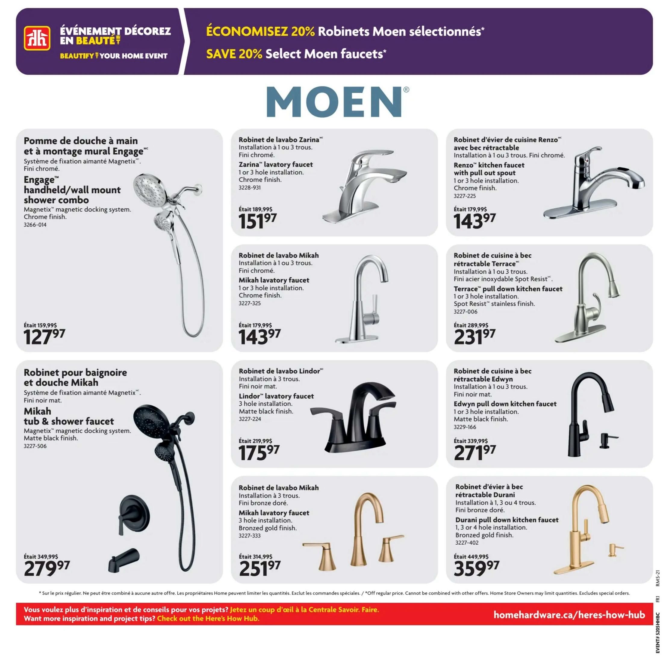 Home Hardware flyer specials page featuring Moen faucets and showerheads. Offers include the Engage handheld/wall mount shower combo with Magnetix docking system in chrome finish for $127.97. Moen Zarina lavatory faucet in chrome finish is $151.97. The Moen Renzo kitchen faucet with pull out spout in chrome finish is $143.97. The Moen Mikah tub & shower faucet with Magnetix docking system in matte black finish is $279.97. Moen Mikah lavatory faucet in chrome finish is $143.97. Moen Lindor lavatory faucet in matte black finish is $175.97. Moen Terrace pull down kitchen faucet with Spot Resist stainless finish is $231.97. Moen Mikah lavatory faucet in bronzed gold finish is $251.97. The Moen Durani pull down kitchen faucet in bronzed gold finish is $359.97. The page also highlights 'Save 20% Select Moen faucets' and 'Beautify Your Home Event'.