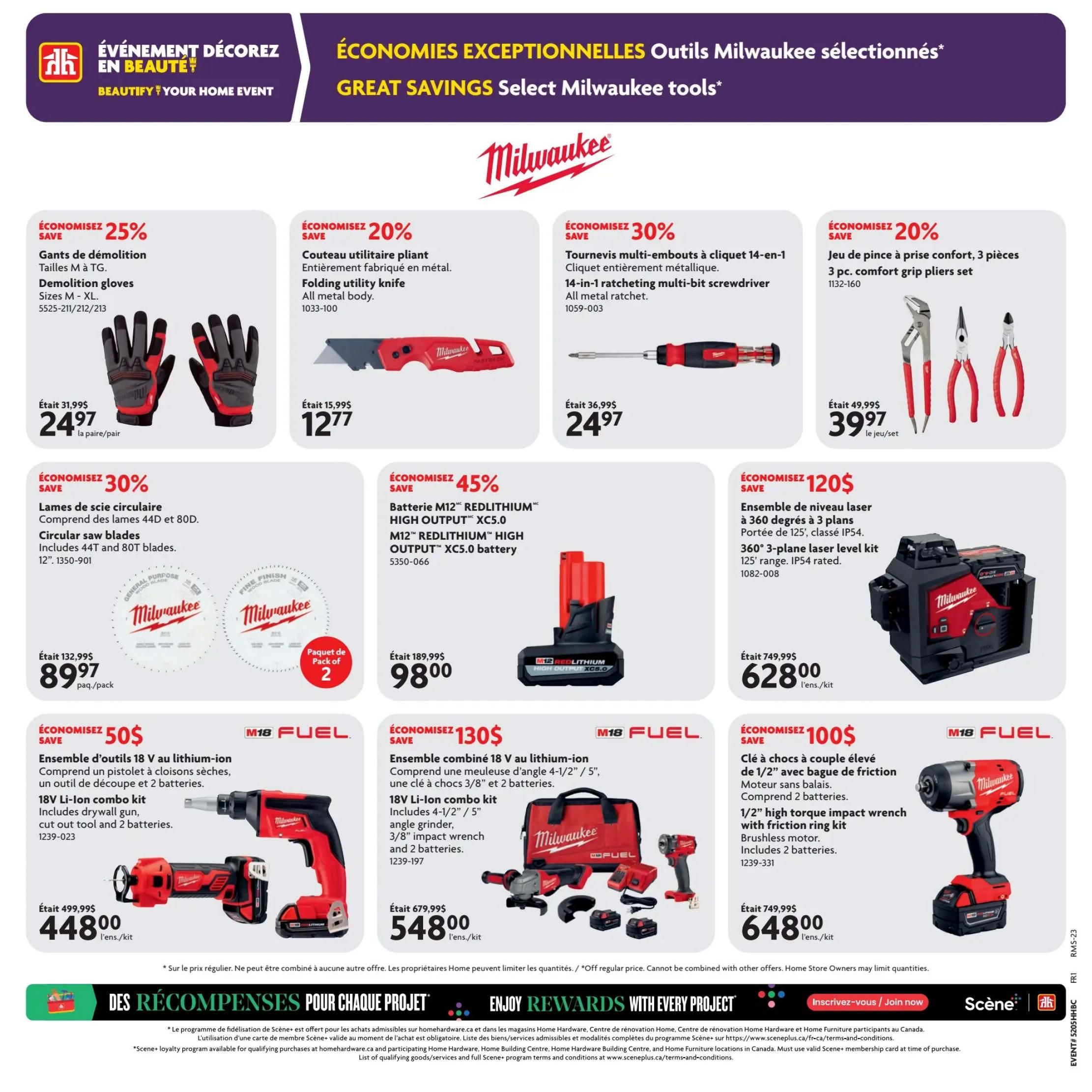 Home Hardware flyer page 20 features a selection of Milwaukee tools. Save 25% on Demolition gloves in sizes M-XL, now $24.97. Save 20% on a Folding utility knife, all metal body, for $12.77. Save 30% on a 14-in-1 ratcheting multi-bit screwdriver, now $24.97. Save 20% on a 3-piece comfort grip pliers set for $39.97. Save 30% on Circular saw blades (includes 44T and 80T blades, 12-inch), pack of 2, for $89.97. Save 45% on M12 REDLITHIUM HIGH OUTPUT XC5.0 battery, now $98.00. Save $120 on a 360° 3-plane laser level kit with 125' range and IP54 rating, now $628.00. Save $50 on an 18V Li-Ion combo kit including a drywall gun, cut out tool, and 2 batteries, now $448.00. Save $130 on an 18V Li-Ion combo kit with 4-1/2'/5' angle grinder, 3/8' impact wrench, and 2 batteries, now $548.00. Save $100 on a 1/2' high torque impact wrench with friction ring kit, brushless motor, including 2 batteries, now $648.00. The bottom of the page highlights 'Enjoy Rewards with Every Project' and information about the Scene+ loyalty program.