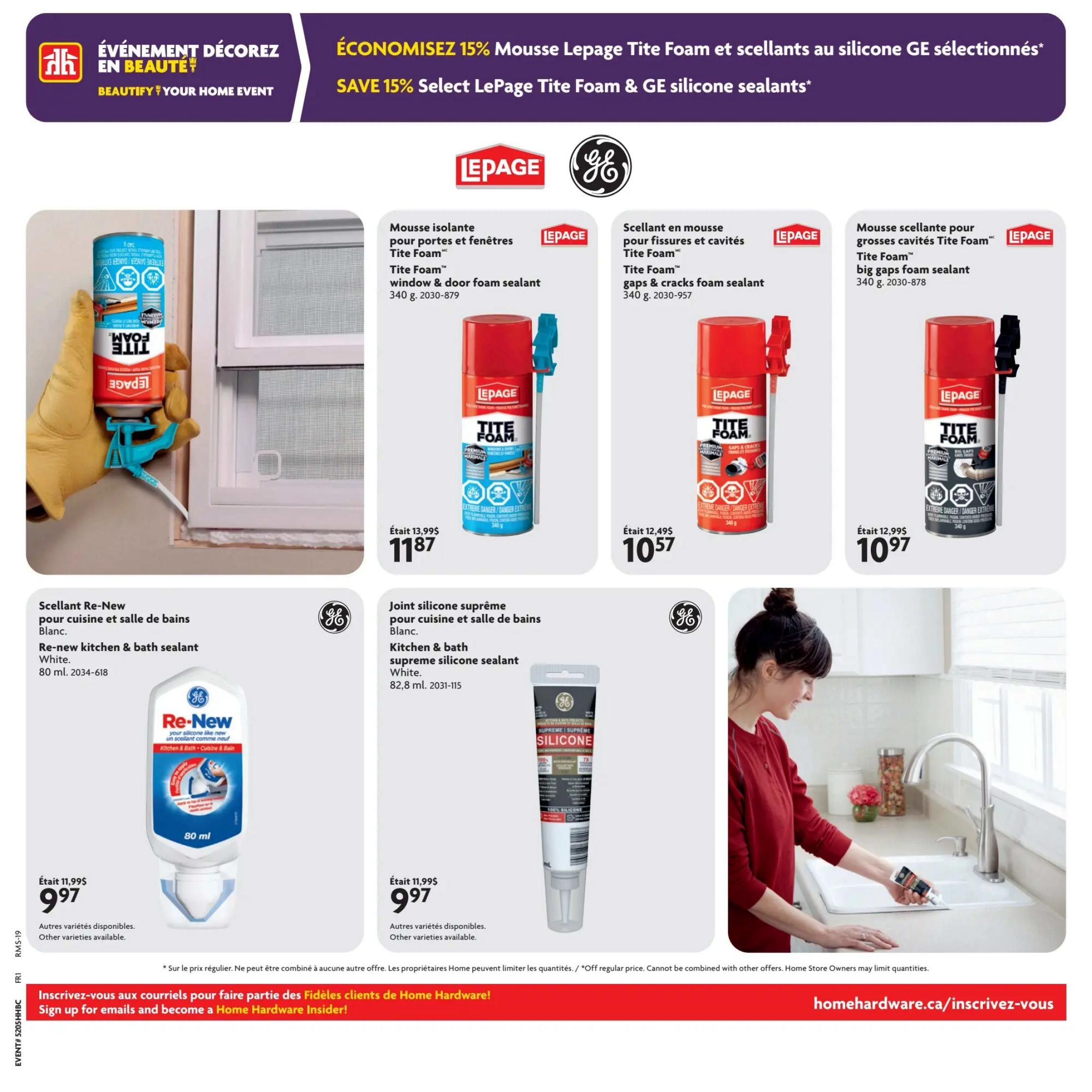 Home Hardware flyer page 8 features a 'Beautify Your Home Event' with savings on select LePage Tite Foam and GE silicone sealants. Featured products include LePage Tite Foam window & door foam sealant for $11.87 (originally $13.99), LePage Tite Foam gaps & cracks foam sealant for $10.57 (originally $12.49), and LePage Tite Foam big gaps foam sealant for $10.97 (originally $12.99). Also available is GE Re-New kitchen & bath sealant in white for $9.97 (originally $11.99), and GE Kitchen & Bath supreme silicone sealant for $9.97 (originally $11.99). Other varieties are available for the GE sealants. Sign up for emails and become a Home Hardware Insider at homedepot.ca/insrivez-vous.