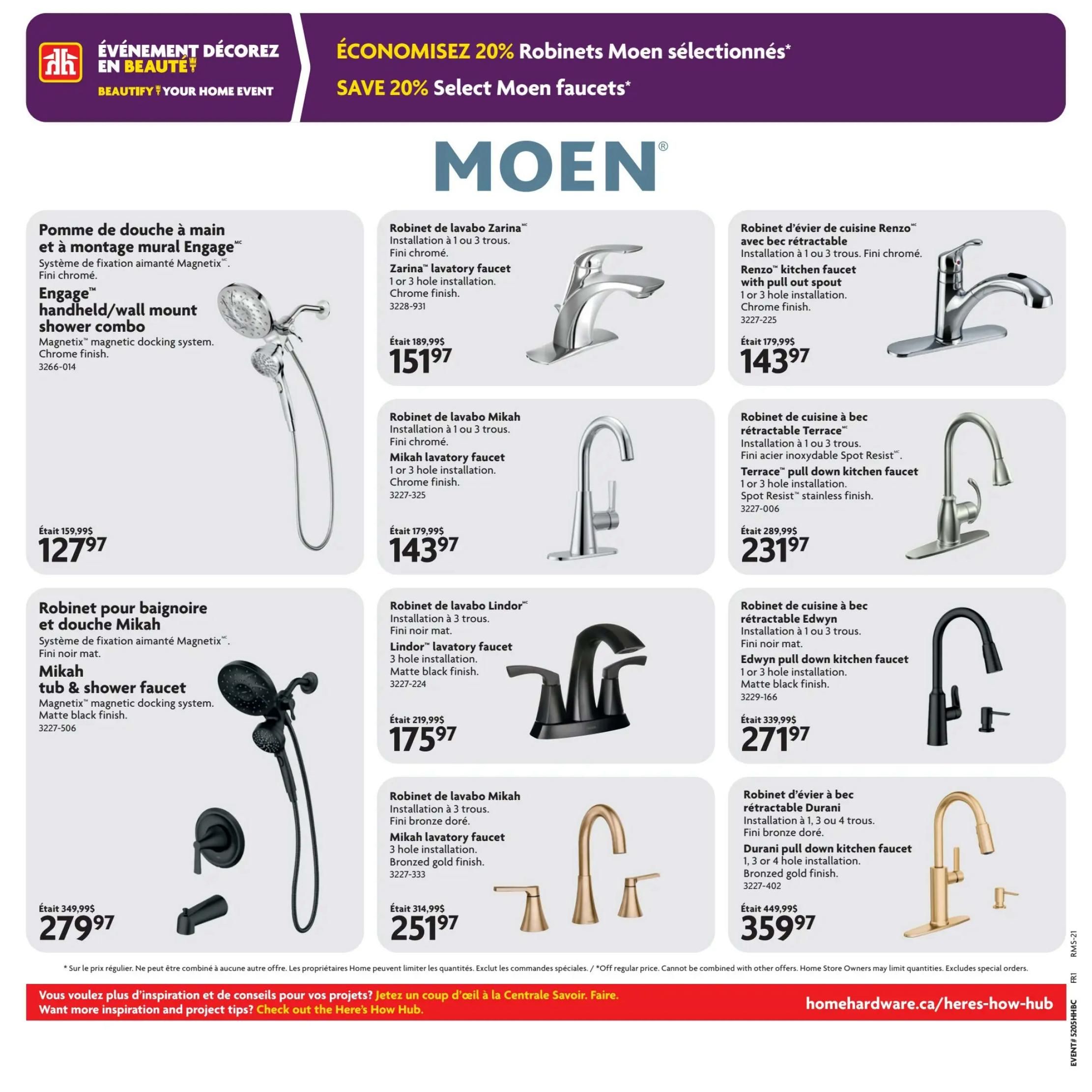 Home Hardware flyer page 21 features a selection of Moen faucets and showerheads. The 'Beautify Your Home Event' highlights savings of 20% on select Moen faucets. Featured products include the Engage handheld/wall mount shower combo with Magnetix docking system in chrome finish, originally $159.99, now $127.97. The Zarina lavatory faucet, 1 or 3 hole installation in chrome, is on sale for $151.97 (originally $189.99). The Renzo kitchen faucet with pull out spout in chrome is $143.97 (originally $179.99). The Mikah tub & shower faucet with Magnetix docking system in matte black finish is $279.97 (originally $349.99). Also available are the Mikah lavatory faucet in chrome for $143.97 (originally $179.99), the Lindor lavatory faucet in matte black for $175.97 (originally $219.99), the Terrace pull down kitchen faucet in Spot Resist stainless finish for $231.97 (originally $289.99), the Edwyn pull down kitchen faucet in matte black for $271.97 (originally $339.99), and the Durani pull down kitchen faucet in bronzed gold finish for $359.97 (originally $449.99). A note indicates that prices are regular prices and cannot be combined with other offers, and quantities may be limited. The page also directs readers to homehardware.ca/heres-how-hub for more inspiration and project tips.
