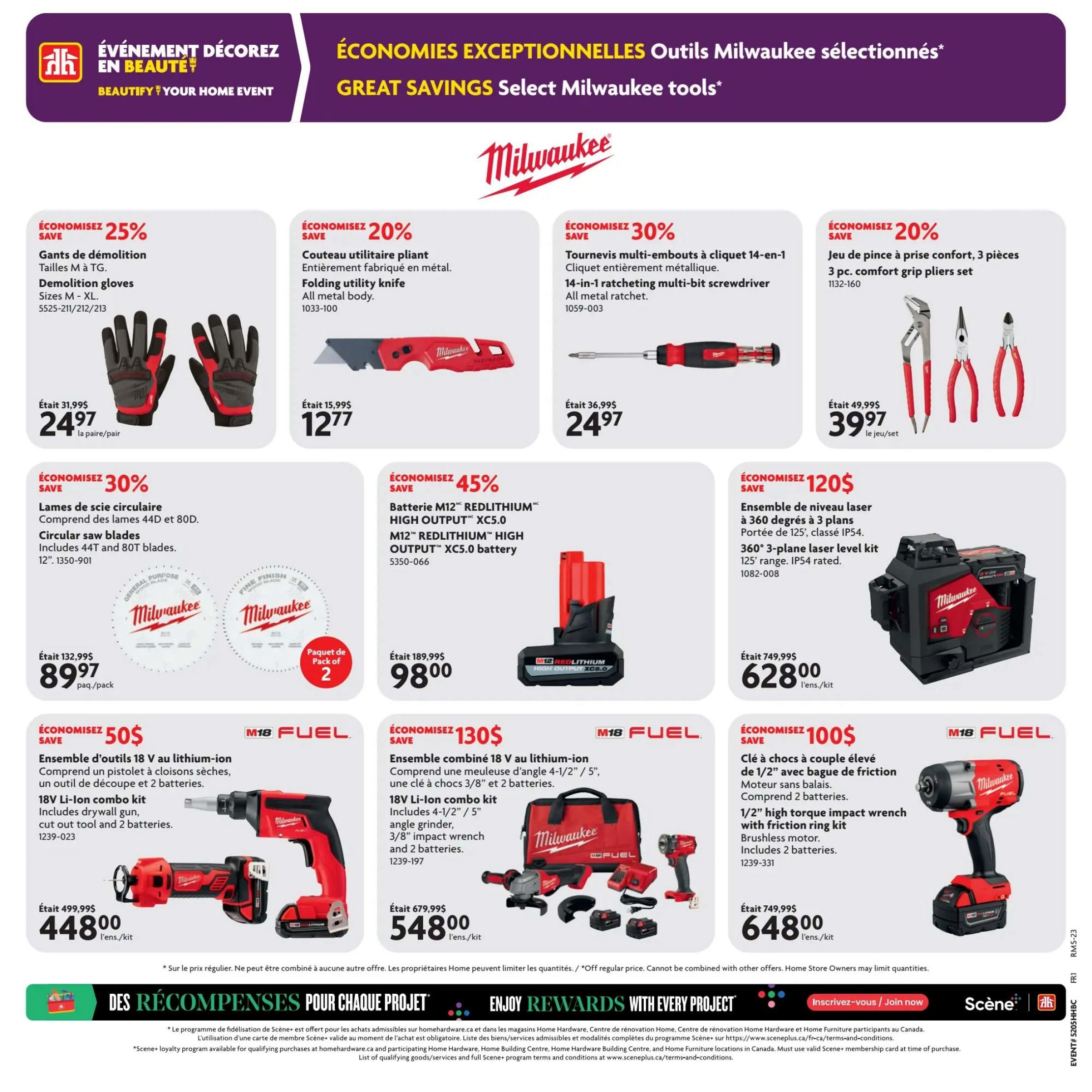 Home Hardware flyer page 23 features a selection of Milwaukee tools with significant savings. Get 25% off Demolition gloves in sizes M to XL, now $24.97. Save 20% on a Folding utility knife made of all metal, priced at $12.77. A 14-in-1 ratcheting multi-bit screwdriver is 30% off, selling for $24.97. Also, save 20% on a 3-piece comfort grip pliers set for $39.97. Circular saw blades, including 44T and 80T, are 30% off and available in a 12' pack of 2 for $89.97. A M12 REDLITHIUM HIGH OUTPUT XC5.0 battery is 45% off, priced at $98.00. Save $50 on an 18V Li-Ion combo kit including a drywall gun, cut out tool, and 2 batteries, now $448.00. An 18V Li-Ion combo kit with a 4-1/2' angle grinder, 3/8' impact wrench, and 2 batteries is $130 off, selling for $548.00. Finally, save $100 on a 1/2' high torque impact wrench with friction ring kit, brushless motor, and 2 batteries, priced at $648.00. The bottom of the page promotes 'Enjoy Rewards with Every Project' and invites customers to 'Join now' for the Scene+ loyalty program.
