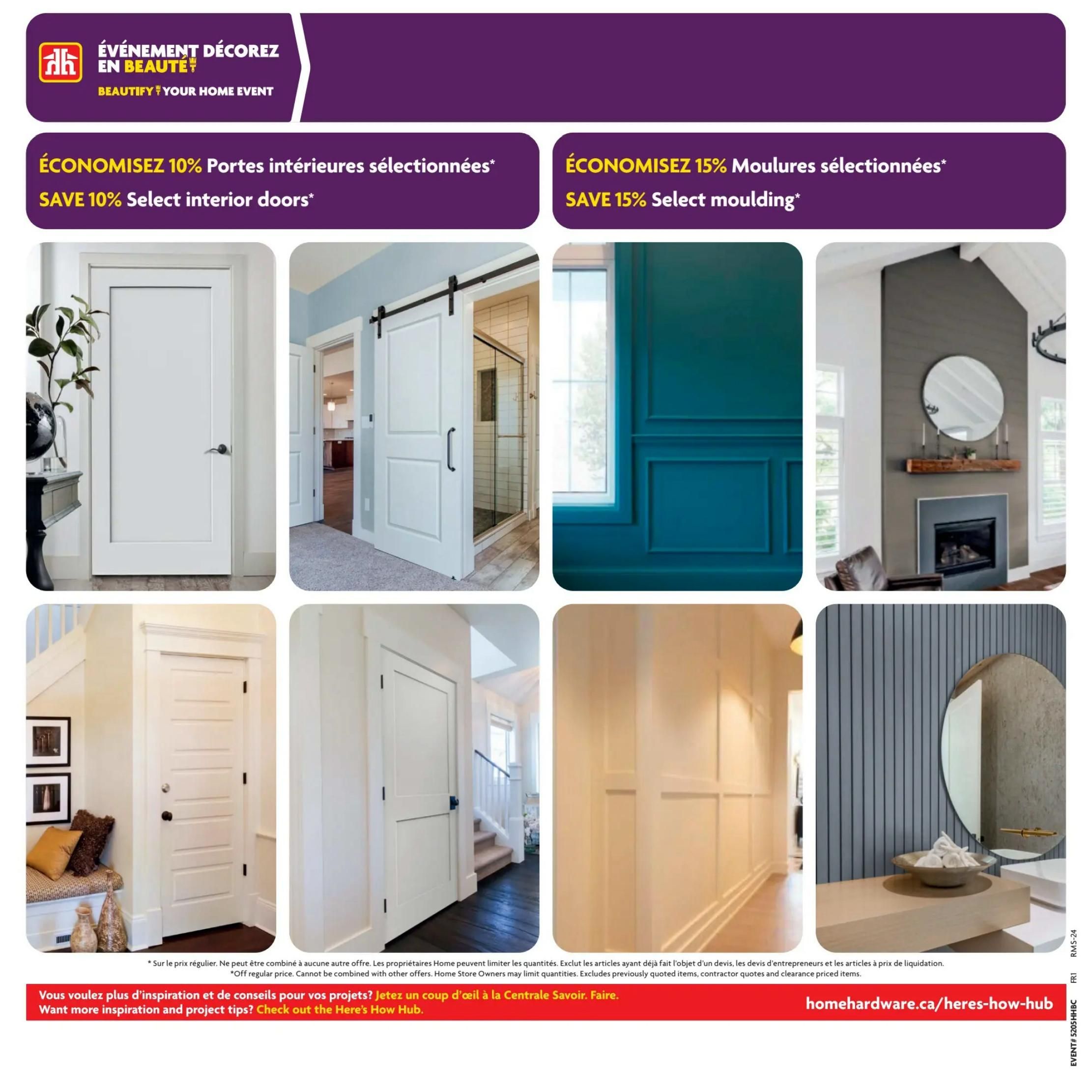 Home Hardware flyer page 24 features the Beautify Your Home Event. Save 10% on select interior doors and save 15% on select moulding. The page displays various interior door styles, including a barn door and a classic panel door, as well as examples of decorative moulding and wainscoting. A note indicates that these offers are off regular price and cannot be combined with other offers. Home Store Owners may limit quantities. Excludes previously quoted items, contractor quotes and clearance priced items. For more inspiration and project tips, visit homehardware.ca/heres-how-hub.