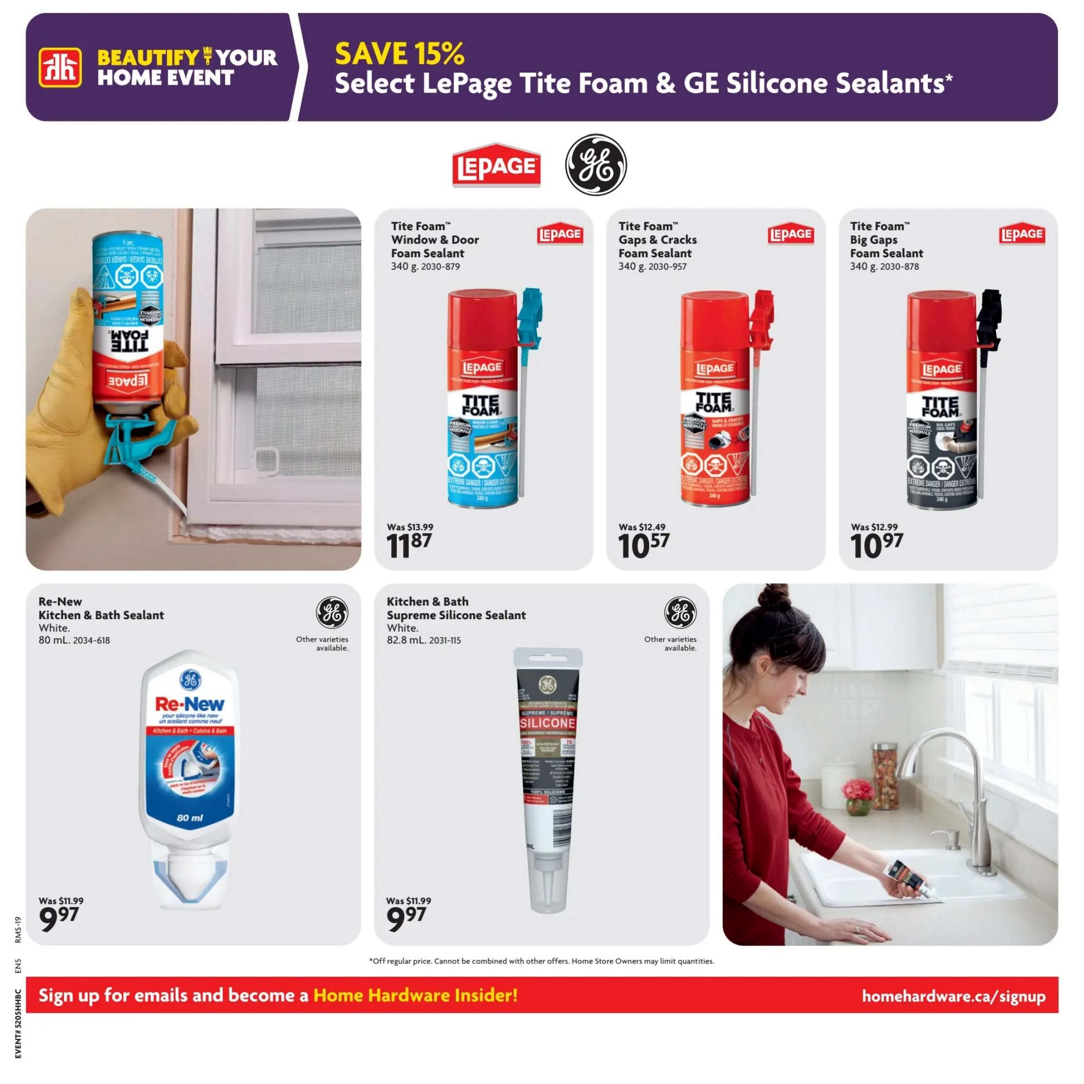 Home Hardware flyer specials page 8 features a 'Beautify Your Home Event' with 15% off select LePage Tite Foam & GE Silicone Sealants. Featured products include LePage Tite Foam Window & Door Foam Sealant (340g) for $11.87 (was $13.99), LePage Tite Foam Gaps & Cracks Foam Sealant (340g) for $10.57 (was $12.49), and LePage Tite Foam Big Gaps Foam Sealant (340g) for $10.97 (was $12.99). Also available are Re-New Kitchen & Bath Sealant (80mL) in white for $9.97 (was $11.99) and GE Kitchen & Bath Supreme Silicone Sealant (82.8mL) in white for $9.97 (was $11.99). The page also includes a call to action to sign up for emails and become a Home Hardware Insider at homehardware.ca/signup. Offers are off regular price and cannot be combined with other offers. Home Store Owners may limit quantities.