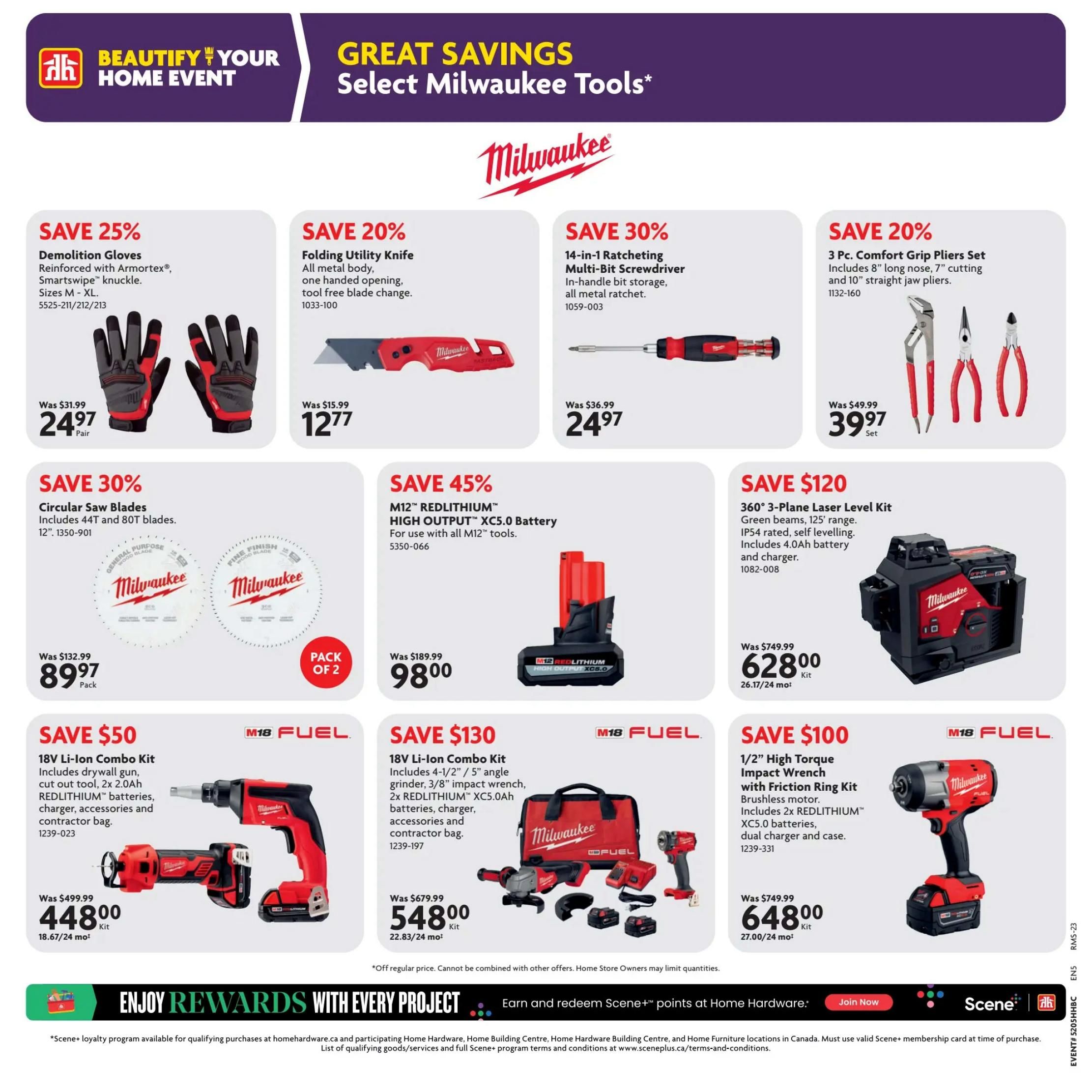 Home Hardware flyer, page 23, featuring Milwaukee Tools. Save 25% on Demolition Gloves reinforced with Armortex and Smartswipe knuckle, sizes M-XL, now $24.97 per pair. Save 20% on a Folding Utility Knife with one-handed opening and tool-free blade change, now $12.77. Save 30% on a 14-in-1 Ratcheting Multi-Bit Screwdriver with in-handle bit storage and all metal ratchet, now $24.97. Save 20% on a 3 Pc. Comfort Grip Pliers Set including 8' long nose, 7' cutting, and 10' straight jaw pliers, now $39.97 per set. Save 30% on a 2-pack of 12' Circular Saw Blades, including 44T and 80T blades, now $89.97 per pack. Save 45% on an M12 REDLITHIUM HIGH OUTPUT XC5.0 Battery for use with all M12 tools, now $98.00. Save $120 on a 360° 3-Plane Laser Level Kit with green beams, 125' range, IP54 rating, self-levelling, including 4.0Ah battery and charger, now $628.00 per kit. Save $50 on an 18V Li-Ion Combo Kit including drywall gun, cut out tool, 2x 2.0Ah REDLITHIUM batteries, charger, accessories and contractor bag, now $448.00 per kit. Save $130 on an 18V Li-ion Combo Kit including a 4-1/2' / 5' angle grinder, 3/8' impact wrench, 2x REDLITHIUM XC5.0Ah batteries, charger, accessories and contractor bag, now $548.00 per kit. Save $100 on a 1/2' High Torque Impact Wrench with Friction Ring Kit, brushless motor, includes 2x REDLITHIUM XC5.0 batteries, dual charger and case, now $648.00 per kit. The flyer also promotes 'Enjoy Rewards with Every Project' and earning Scene+ points at Home Hardware.
