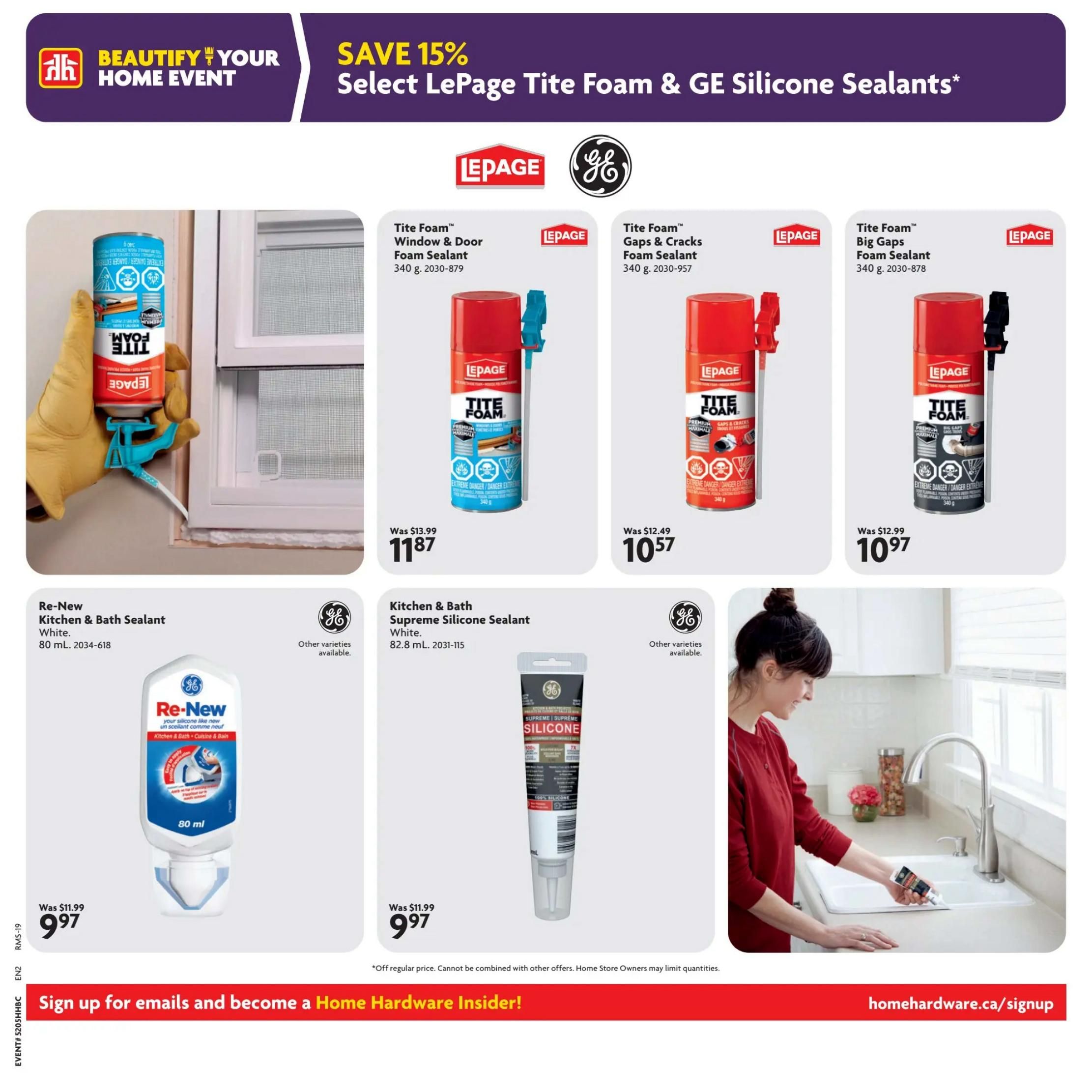 Home Hardware flyer page 8 features a 'Beautify Your Home Event' with savings of 15% on select LePage Tite Foam and GE Silicone Sealants. Featured products include LePage Tite Foam Window & Door Foam Sealant (340 g) on sale for $11.87 (was $13.99), LePage Tite Foam Gaps & Cracks Foam Sealant (340 g) for $10.57 (was $12.49), and LePage Tite Foam Big Gaps Foam Sealant (340 g) for $10.97 (was $12.99). Also available are Re-New Kitchen & Bath Sealant (80 mL) for $9.97 (was $11.99) and GE Kitchen & Bath Supreme Silicone Sealant (82.8 mL) for $9.97 (was $11.99). Other varieties are available for the GE sealants. A woman is shown applying sealant around a kitchen sink. The flyer also promotes signing up for emails to become a Home Hardware Insider and provides the website homehardware.ca/signup.