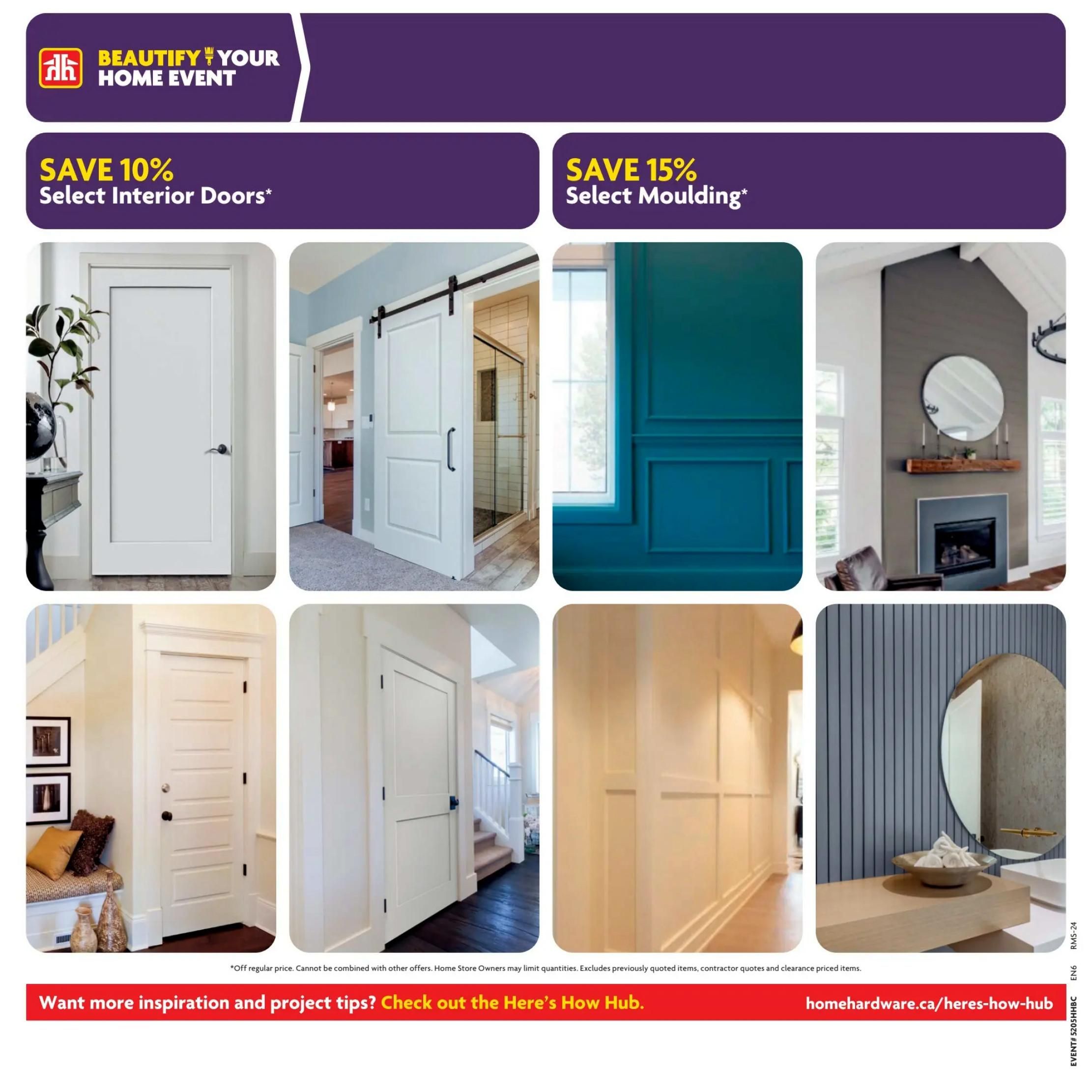 Home Hardware flyer page 24 featuring the Beautify Your Home Event. Save 10% on select interior doors and save 15% on select moulding. The page displays various interior door styles, including a modern barn door and a classic panel door, as well as images showcasing different types of moulding and wall paneling. It also features a bathroom vanity with a round mirror and a living room fireplace. The flyer encourages readers to visit homehardware.ca/heres-how-hub for more inspiration and project tips. Offer excludes regular price, cannot be combined with other offers, and may limit quantities. Contractor quotes and clearance priced items are excluded.