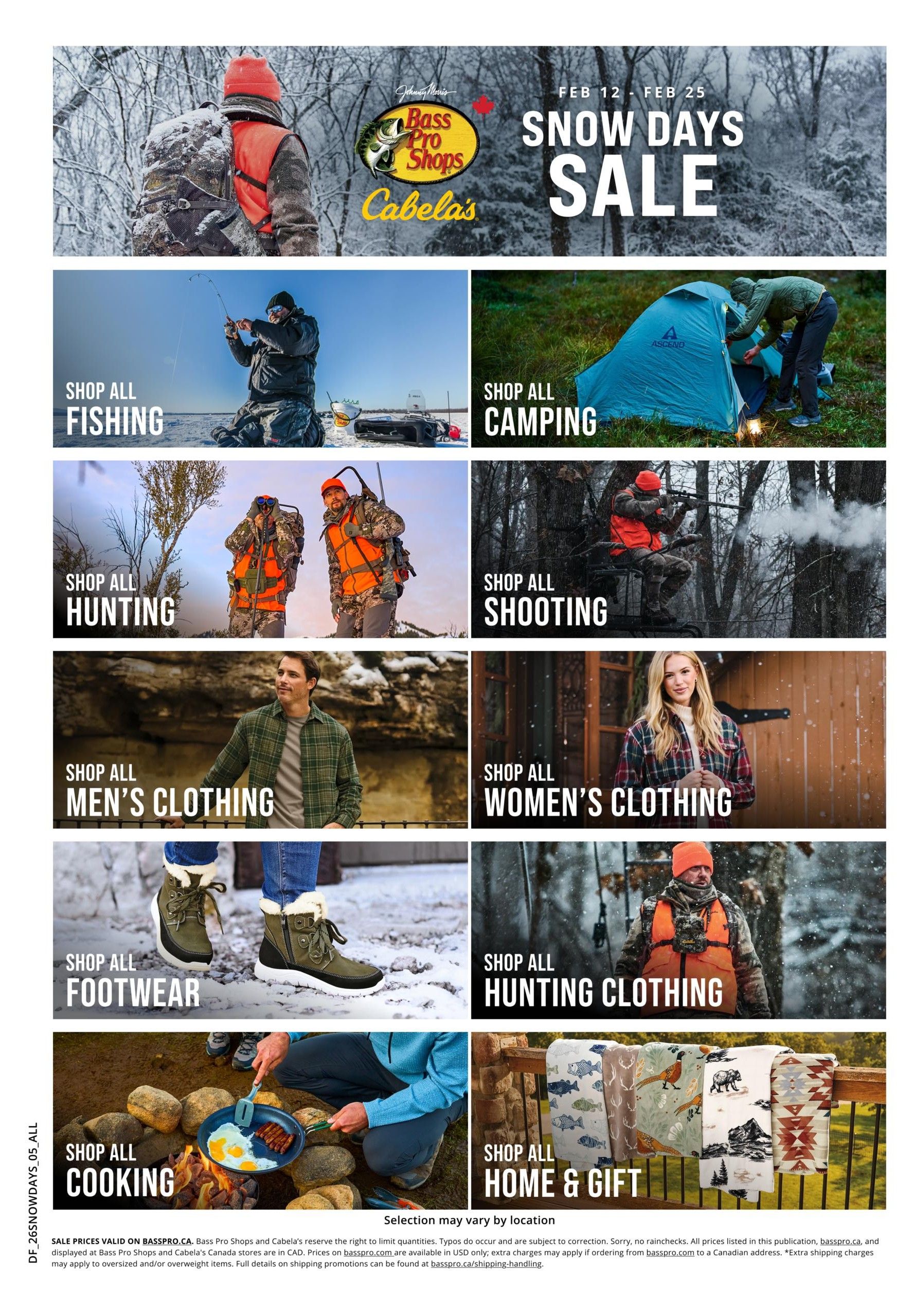 Cabela's Snow Days Sale flyer, page 5 of 5. This page features various categories for sale including: Shop All Fishing, Shop All Camping, Shop All Hunting, Shop All Shooting, Shop All Men's Clothing, Shop All Women's Clothing, Shop All Footwear, Shop All Hunting Clothing, Shop All Cooking, and Shop All Home & Gift. Sale prices are valid on basspro.ca from February 12 to February 25. Prices are in CAD. Extra shipping charges may apply to oversized or overweight items. Full details on shipping promotions can be found at basspro.ca/shipping-handling.