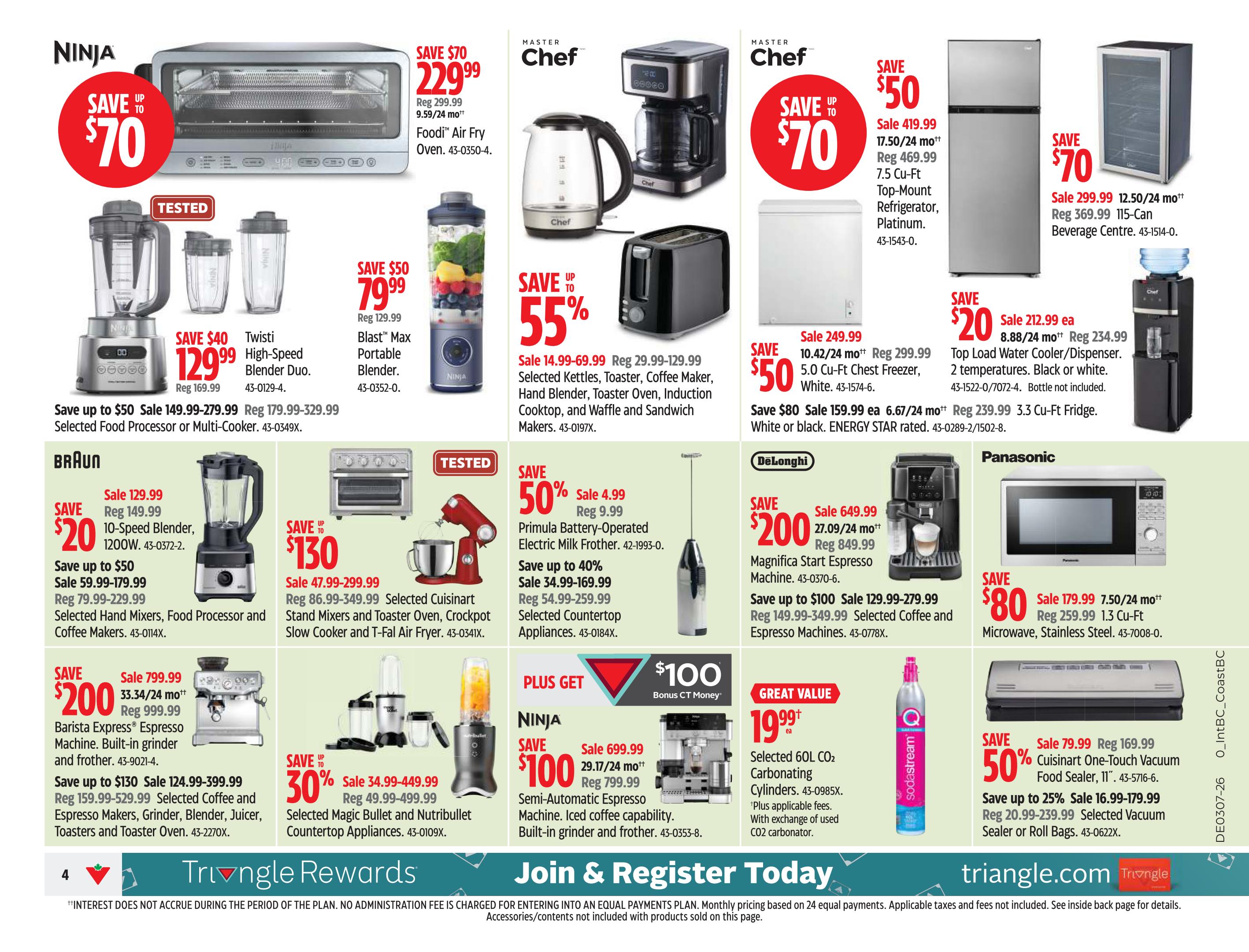 Canadian Tire Western Canada flyer page 4 features kitchen appliances and beverage solutions. Save up to $70 on a Ninja Foodi Air Fry Oven, now $229.99. Also save $50 on a Ninja Blast Max Portable Blender for $79.99. Master Chef offers a coffee maker and a toaster, with savings up to 55% on selected kettles, toasters, coffee makers, hand blenders, toaster ovens, induction cooktops, waffle and sandwich makers. Save $70 on a Master Chef 7.5 Cu-Ft Top-Mount Refrigerator for $419.99 and save $50 on a 5.0 Cu-Ft Chest Freezer for $249.99. A Master Chef 115-Can Beverage Centre is on sale for $299.99, saving $70. Braun offers a 10-Speed Blender for $129.99, saving $20, and selected hand mixers, food processors, and coffee makers are on sale from $59.99 to $179.99. Save up to $130 on a Cuisinart Barista Express Espresso Machine for $799.99, and selected coffee and espresso makers, grinders, blenders, juicers, toasters, and toaster ovens are on sale from $124.99 to $399.99. Save up to 40% on selected countertop appliances, with a Primula Battery-Operated Electric Milk Frother on sale for $4.99. A Ninja Semi-Automatic Espresso Machine with built-in grinder is $699.99, saving $100. Great Value on a selected 60L CO2 Carbonating Cylinder for $19.99. Save $80 on a Panasonic Microwave for $179.99. Save 50% on a Cuisinart One-Touch Vacuum Food Sealer for $79.99, and selected vacuum sealers or roll bags are on sale from $16.99 to $179.99.