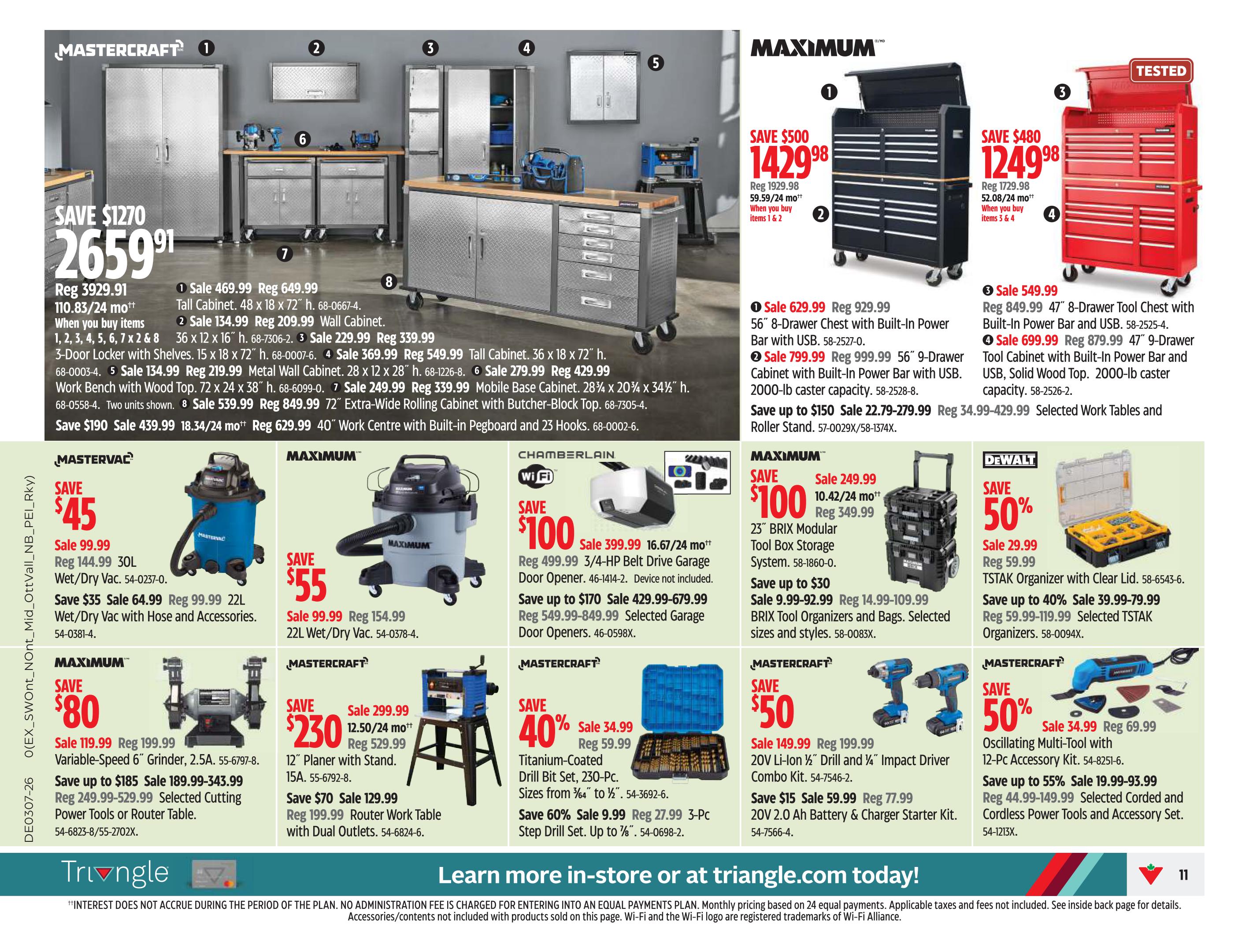Canadian Tire Western Canada flyer page 11 features a large Mastercraft 48-inch Tall Cabinet on sale for $469.99 (regular $649.99), a Mastercraft 36-inch 3-Door Locker with shelves for $229.99 (regular $339.99), and a Mastercraft 72-inch Extra-Wide Rolling Cabinet with Butcher-Block Top for $539.99 (regular $849.99). Also featured are Maximum 56-inch 8-Drawer Chests with built-in power bars and USB ports, one in black for $629.99 (regular $929.99) and a red 47-inch 8-Drawer Tool Cabinet for $699.99 (regular $879.99). Other deals include a Mastervac 30L Wet/Dry Vac for $99.99, a 22L Wet/Dry Vac for $154.99, a Variable-Speed 6-inch Grinder for $119.99, a 12-inch Planer with Stand for $299.99, and a Router Work Table for $129.99. There's also a Mastercraft Titanium-Coated Drill Bit Set for $34.99, a 3-Pc Step Drill Set for $9.99, a Maximum 23-inch BRIX Modular Tool Box Storage System for $249.99, and various BRIX Tool Organizers and Bags. DeWalt TSTAK Organizers are on sale starting at $29.99, with a 50% discount on some models. Additionally, a Mastercraft Oscillating Multi-Tool with a 12-Pc Accessory Kit is on sale for $34.99, and selected corded and cordless power tools and accessory sets are up to 55% off.