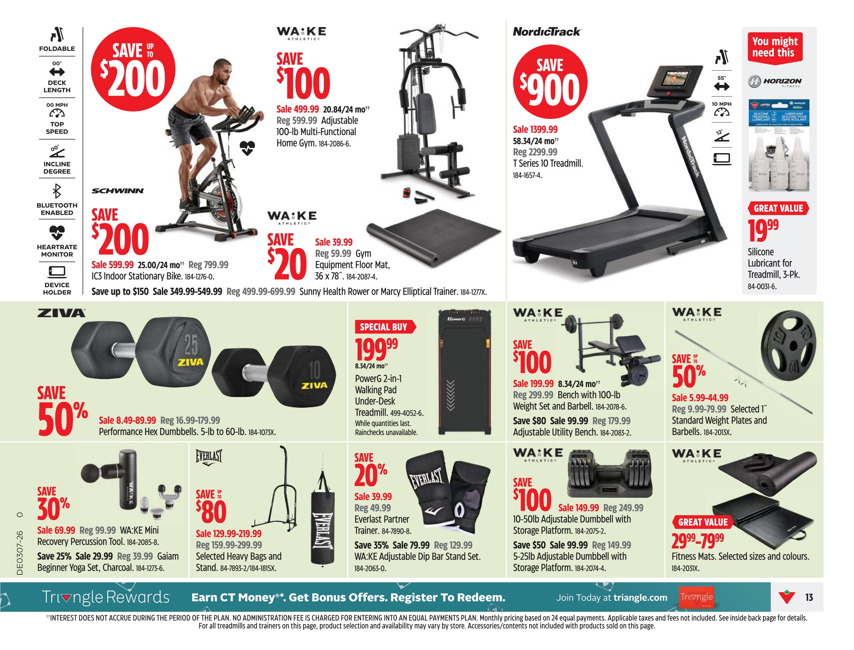 Canadian Tire weekly flyer specials page 13 features fitness equipment. Save up to $200 on a foldable Schwinn IC3 Indoor Stationary Bike, on sale for $599.99. Save $100 on a WA:KE Athletic 100-lb Multi-Functional Home Gym, sale priced at $499.99. Save $900 on a NordicTrack T Series 10 Treadmill, on sale for $1399.99. Also featured is a PowerG 2-in-1 Walking Pad Under-Desk Treadmill for a special buy of $199.99. Save 50% on ZIVA Performance Hex Dumbbells, with prices ranging from $8.49-$89.99. Save 30% on a WA:KE Mini Recovery Percussion Tool for $69.99, and save 25% on a Gaiam Beginner Yoga Set for $29.99. Save up to $80 on Everlast Selected Heavy Bags and Stands, with prices from $129.99-$299.99. Save 20% on an Everlast Partner Trainer for $39.99. Save $100 on a WA:KE Athletic Bench with 100-lb Weight Set and Barbell for $199.99, and save $50 on a WA:KE Athletic 5-25lb Adjustable Dumbbell with Storage Platform for $99.99. Save 50% on WA:KE Athletic Selected 1' Standard Weight Plates and Barbells, priced from $5.99-$44.99. Great value on Horizon Fitness Silicone Lubricant for Treadmills, 3-Pack for $19.99. Fitness Mats are on great value sale for $29.99-$79.99. This page also highlights Triangle Rewards and how to earn CT Money.