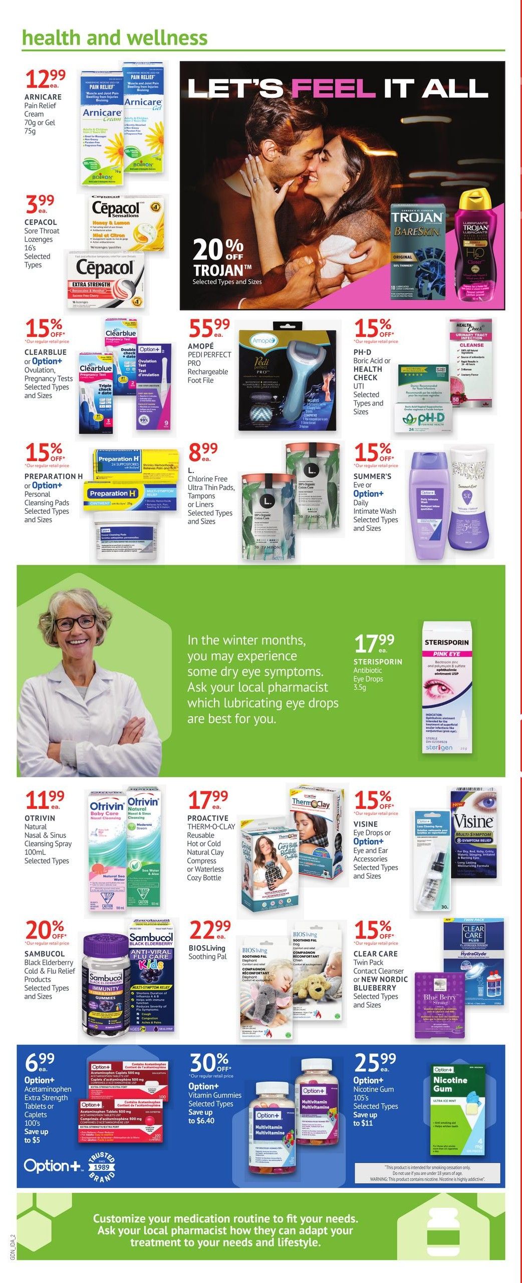 Guardian Pharmacy weekly flyer specials page 2 features health and wellness products. Deals include Arnicare Pain Relief Cream for $12.99, Cepacol Sore Throat Lozenges for $3.99, and 20% off Trojan condoms. Clearblue or Option+ Ovulation, Pregnancy Tests are 15% off. Preparation H or Option+ Personal Cleansing Pads are 15% off. Amopé Pedi Perfect Pro Rechargeable Foot File is $55.99. L. Chlorine Free Ultra Thin Pads, Tampons or Liners are $8.99. PH-D Boric Acid or Health Check UTI tests are 15% off. Summer's Eve or Option+ Daily Intimate Wash is 15% off. Otrivin Natural Nasal & Sinus Cleansing Spray is $11.99. Sambucol Black Elderberry Cold & Flu Relief Products are 20% off. Proactive Therm-O-Clay Reusable Hot or Cold Compress or Waterless Cozy Bottle is $17.99. Visine Eye Drops or Option+ Eye and Ear Accessories are 15% off. Biosliving Soothing Pal is $22.99. Clear Care Twin Pack Contact Cleanser or New Nordic Blueberry Selected Types and Sizes are 15% off. Option+ Acetaminophen Extra Strength Tablets or Caplets 100's are $6.99, save up to $5. Option+ Vitamin Gummies are 30% off, save up to $6.40. Option+ Nicotine Gum 105's are $25.99, save up to $11. The page also features advice on dry eye symptoms and consulting a pharmacist.