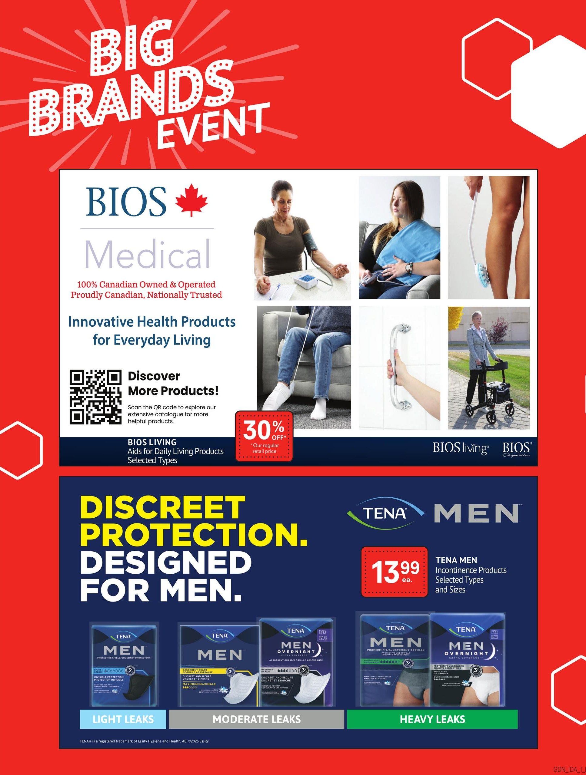 Guardian Pharmacy Weekly Flyer Specials, Page 3. Features a 'Big Brands Event' with BIOS Medical, offering innovative health products for everyday living. Includes images of a woman using a blood pressure monitor, another woman with a heat pack, a person using a sock aid, a close-up of a grab bar, and a woman with a walker. BIOS Living products are 100% Canadian owned and operated. Get 30% off selected BIOS Living Aids for Daily Living Products. Also features TENA MEN Incontinence Products for men, available in selected types and sizes for $13.99 each. Options include Light Leaks, Moderate Leaks, and Heavy Leaks protective underwear.