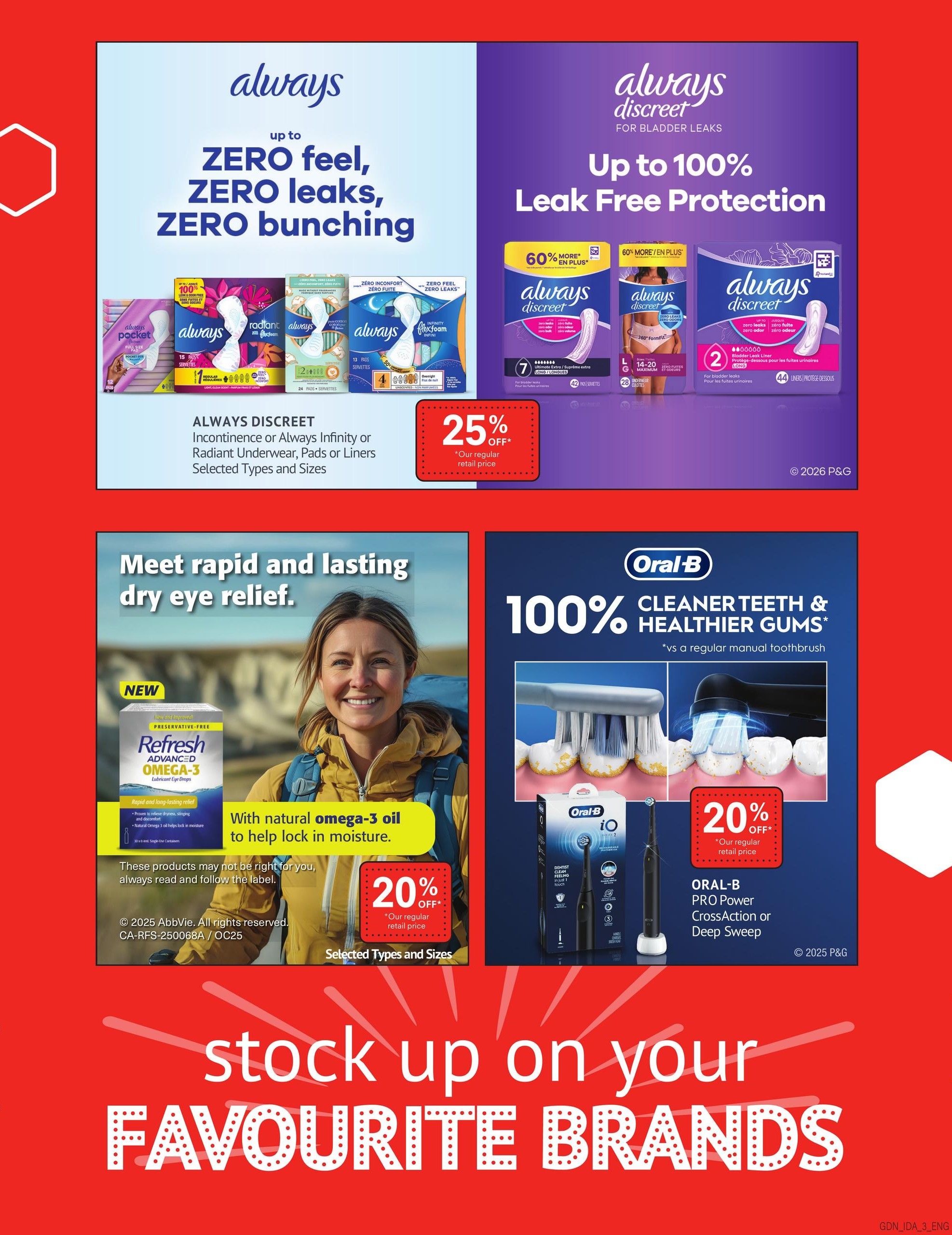 Guardian Pharmacy weekly flyer specials page 5 features Always Discreet products for bladder leaks offering up to 100% leak-free protection. Also featured are Always Infinity or Radiant Underwear, Pads or Liners, with selected types and sizes on sale for 25% off. On the right side, Oral-B promotes 100% cleaner teeth and healthier gums, with Oral-B Pro Power CrossAction or Deep Sweep toothbrushes on sale for 20% off. The page also highlights Refresh Advanced Omega-3 Lubricant Eye Drops for rapid and long-lasting dry eye relief, with natural omega-3 oil to help lock in moisture, also available for 20% off. The bottom of the page has a large graphic saying 'stock up on your FAVOURITE BRANDS'.