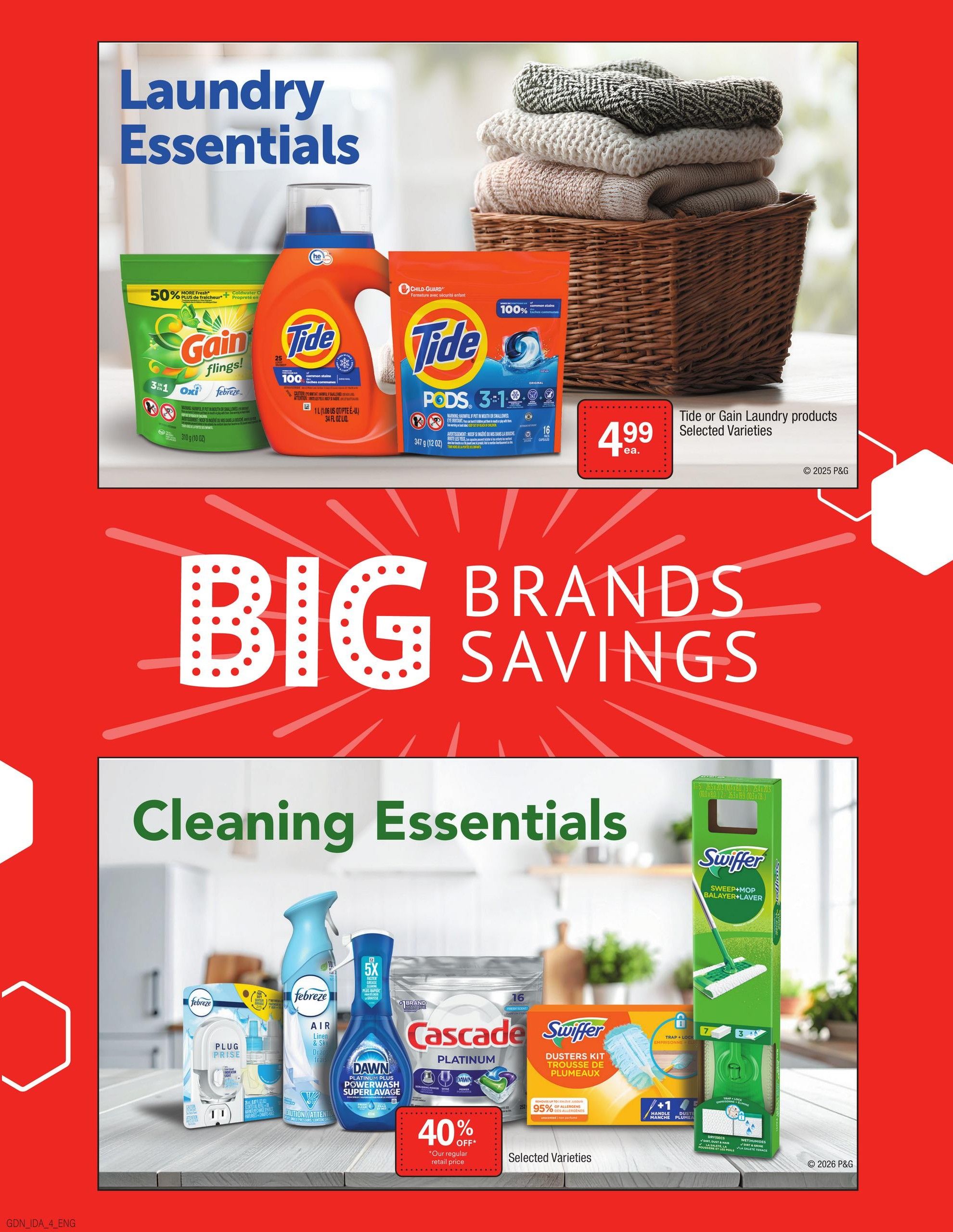 Guardian Pharmacy weekly flyer specials page 6 features Laundry Essentials and Cleaning Essentials. Top section showcases laundry products including Gain Flings, Tide Liquid detergent, and Tide Pods, with selected varieties of Tide or Gain laundry products priced at $4.99 each. The bottom section highlights Cleaning Essentials with Febreze Air Plug Refills, Febreze Air Freshener, Dawn Platinum Plus Powerwash Superwash, Cascade Platinum Dishwasher Detergent, Swiffer Dusters Kit, and a Swiffer Sweep+Mop. A special offer of 40% off Cascade Platinum is featured. All items are for selected varieties unless otherwise specified.