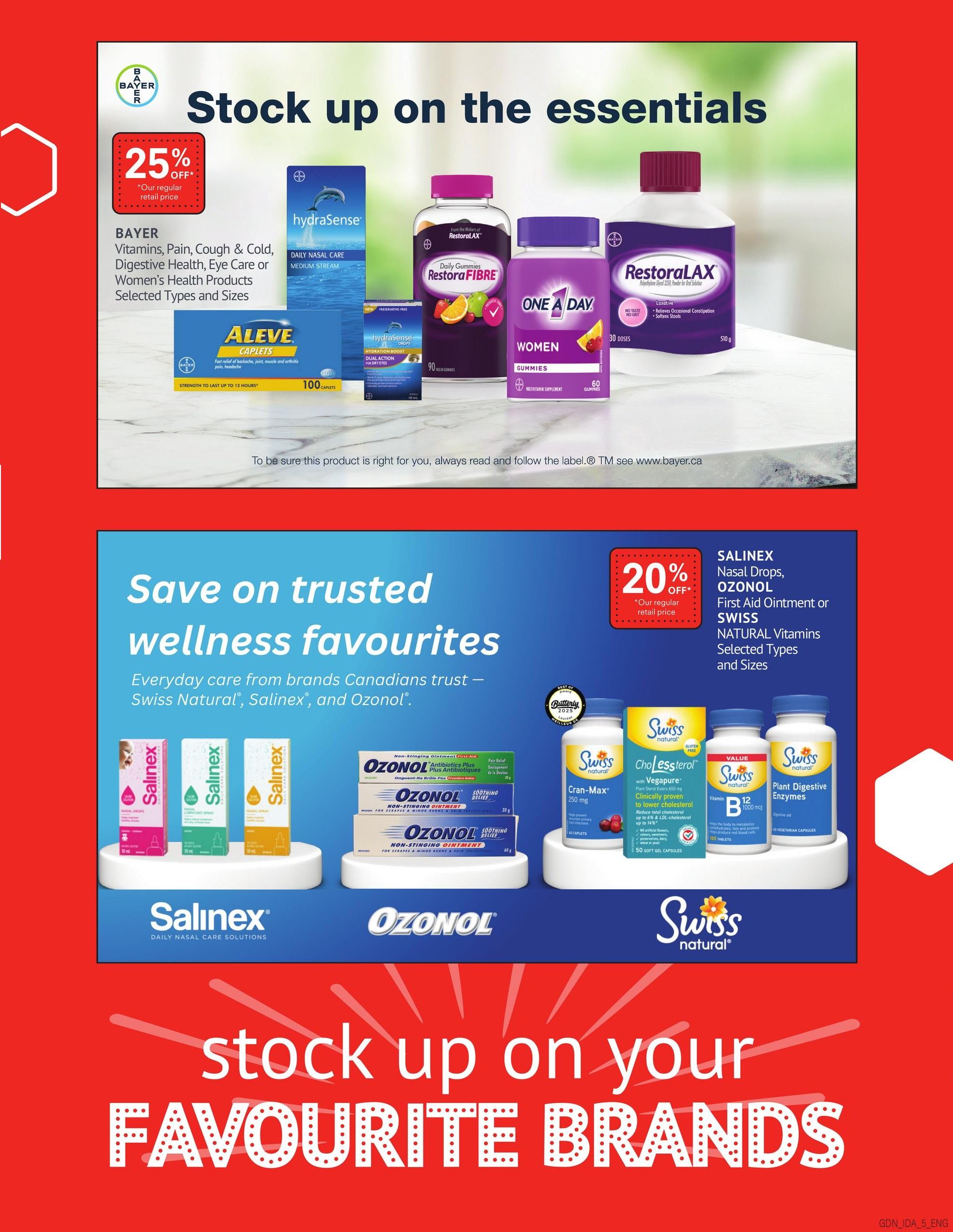 Guardian Pharmacy weekly flyer specials page 7 features 'Stock up on the essentials' with Bayer products including hydraSense Daily Nasal Care, Aleve Caplets (100 caplets), RestoraLAX laxative (510g), RestoraFIBRE Daily Gummies, and One A Day Women's Gummies. These Bayer products are offered at 25% off our regular retail price. The page also highlights 'Save on trusted wellness favourites' with 20% off Salinex Nasal Drops, OzONOL First Aid Ointment, and Swiss Natural Vitamins. Featured products include Salinex Nasal Drops, Nasal Lubricant Spray, and Nasal Spray, OzONOL Non-Stinging Ointment (30g and 60g), Swiss Natural Cran-Max 250 mg (50 soft gel capsules), Swiss Natural CholesteroL with Vegapure (50 soft gel capsules), Swiss Natural Vitamin B12 1000 mcg (180 tablets), and Swiss Natural Plant Digestive Enzymes (60 vegetarian capsules). The bottom of the page encourages shoppers to 'stock up on your favourite brands.