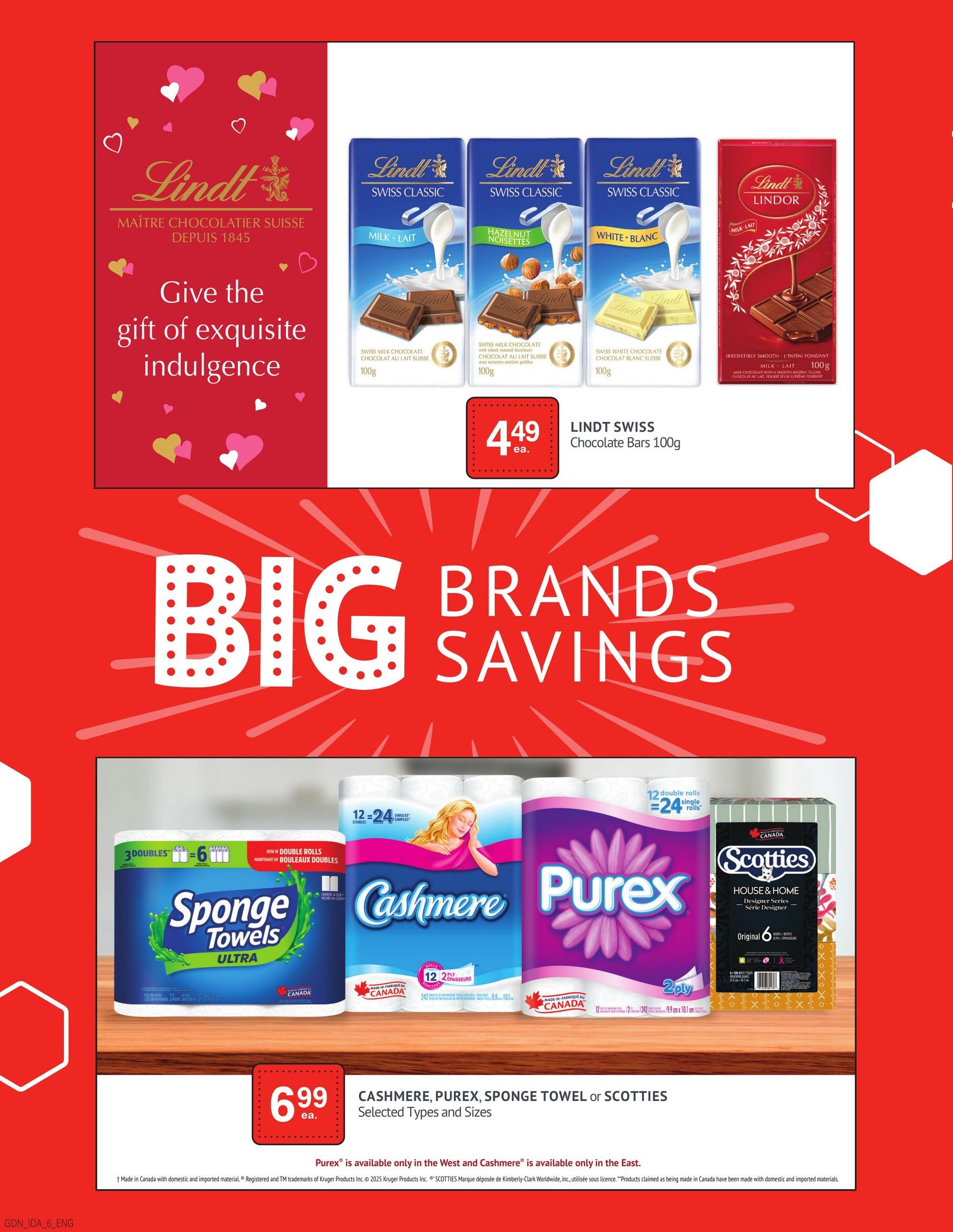 Guardian Pharmacy weekly flyer specials page 8 features Lindt Swiss Classic chocolate bars in Milk, Hazelnut, and White varieties for $4.49 each, 100g. The page also highlights big brands savings on household essentials including Sponge Towels Ultra, Cashmere, Purex, and Scotties House & Home Designer Series. Sponge Towels are priced at $6.99 each. Purex is available only in the West, and Cashmere is available only in the East.