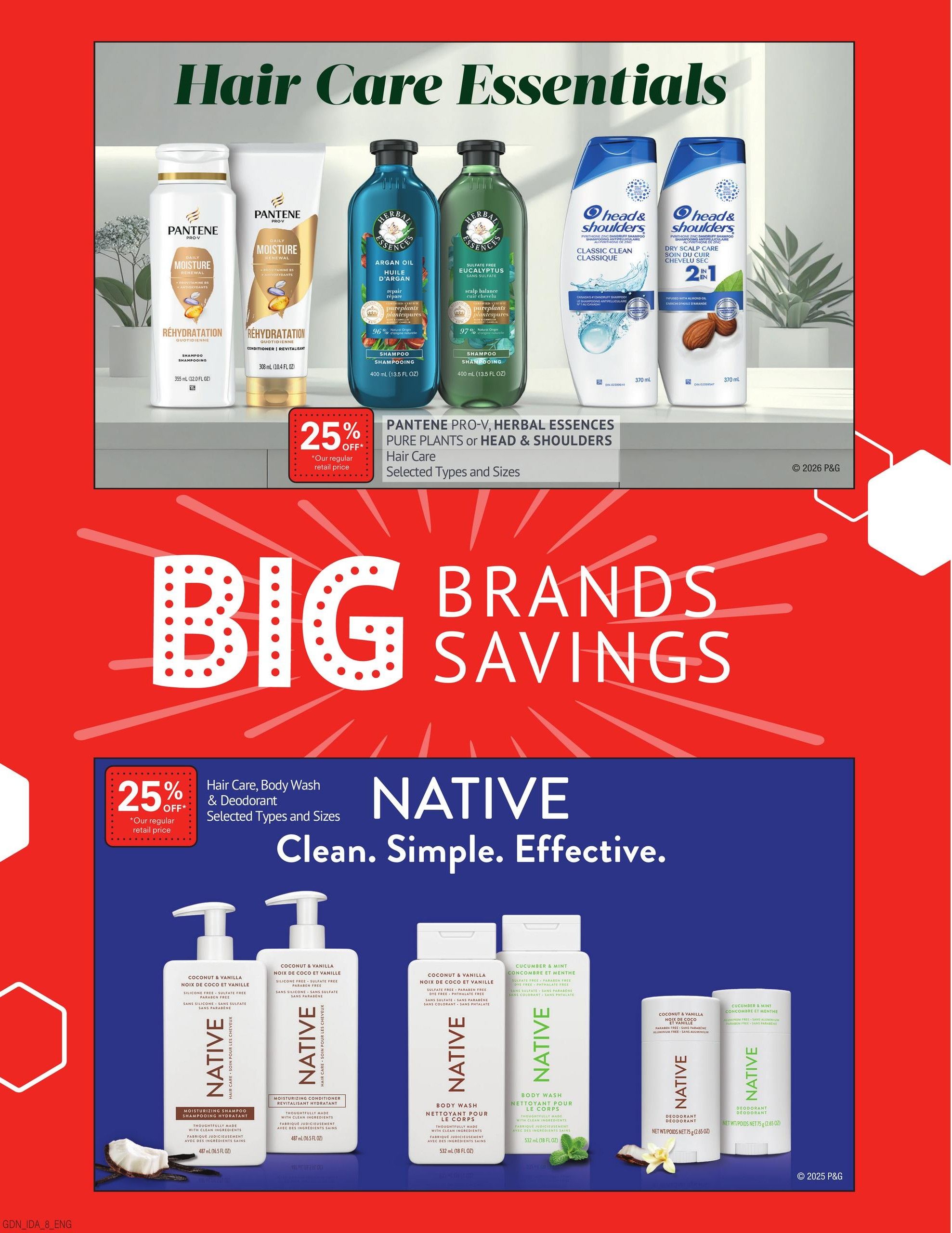 Guardian Pharmacy flyer page 10 features Hair Care Essentials with big brand savings. Get 25% off Pantene Pro-V, Herbal Essences Pure Plants, or Head & Shoulders hair care, selected types and sizes. Also featured is Native hair care, body wash, and deodorant, with 25% off selected types and sizes. Products shown include Pantene Daily Moisture Renewal Shampoo and Conditioner, Herbal Essences Argan Oil Shampoo and Sulfate Free Eucalyptus Shampoo, Head & Shoulders Classic Clean Shampoo and Dry Scalp Care 2-in-1 Shampoo. Native products include Coconut & Vanilla Moisturizing Shampoo and Conditioner, Coconut & Vanilla Body Wash, Cucumber & Mint Body Wash, and Coconut & Vanilla Deodorant.