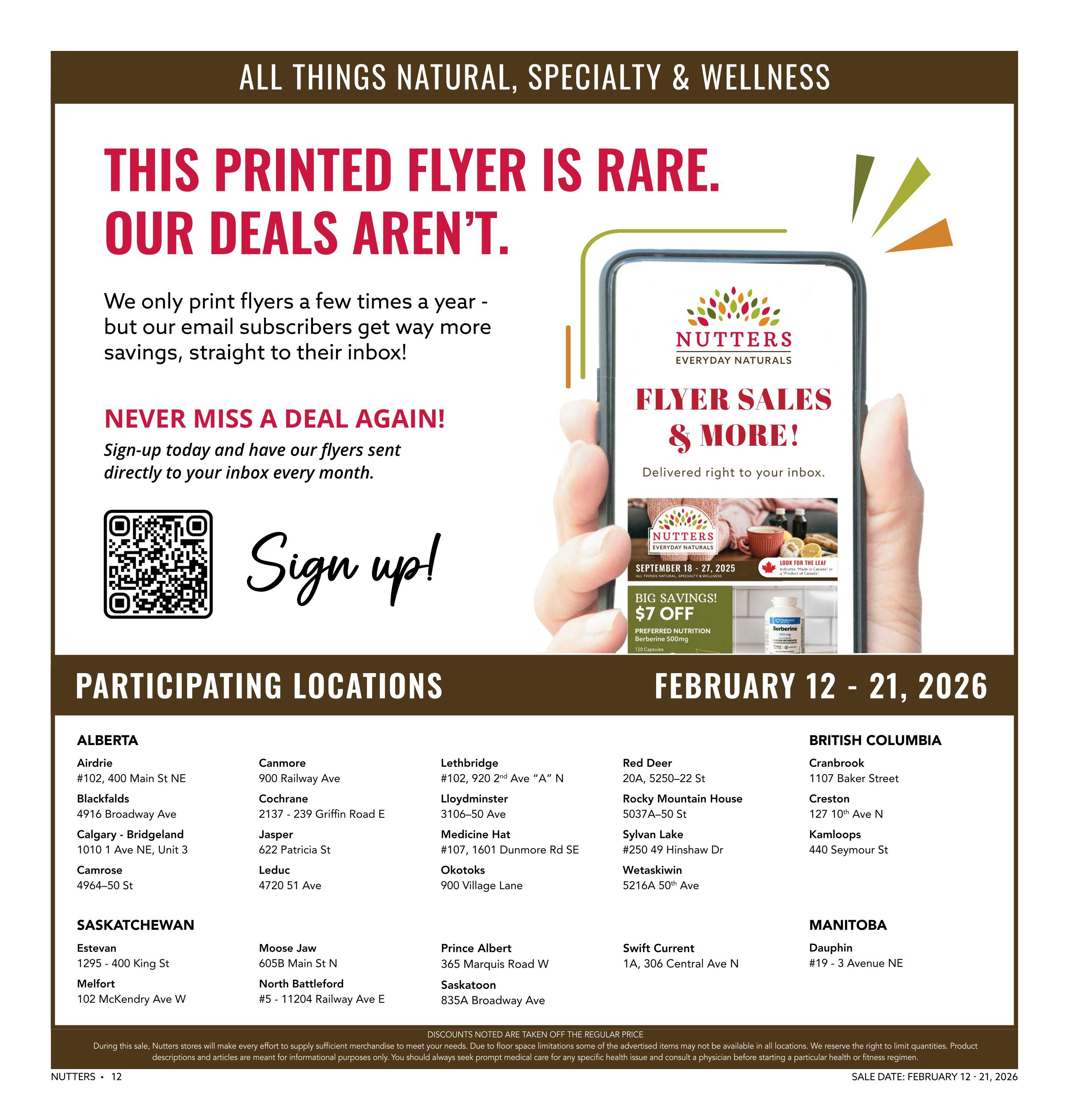 Nutter's Bulk & Natural Foods flyer page featuring a promotion to sign up for email subscribers to receive savings. The page highlights a 'BIG SAVINGS! $7 OFF' offer on Preferred Nutrition Berberine 500mg, 120 Capsules. It also lists participating locations across Alberta, Saskatchewan, Manitoba, and British Columbia, including Airdrie, Blackfalds, Calgary-Bridgeland, Camrose, Canmore, Cochrane, Jasper, Leduc, Okotoks, Lloydminster, Medicine Hat, Red Deer, Rocky Mountain House, Sylvan Lake, Wetaskiwin, Cranbrook, Creston, Kamloops, Estevan, Melfort, Moose Jaw, North Battleford, Prince Albert, and Saskatoon. The sale date is February 12 - 21, 2026.