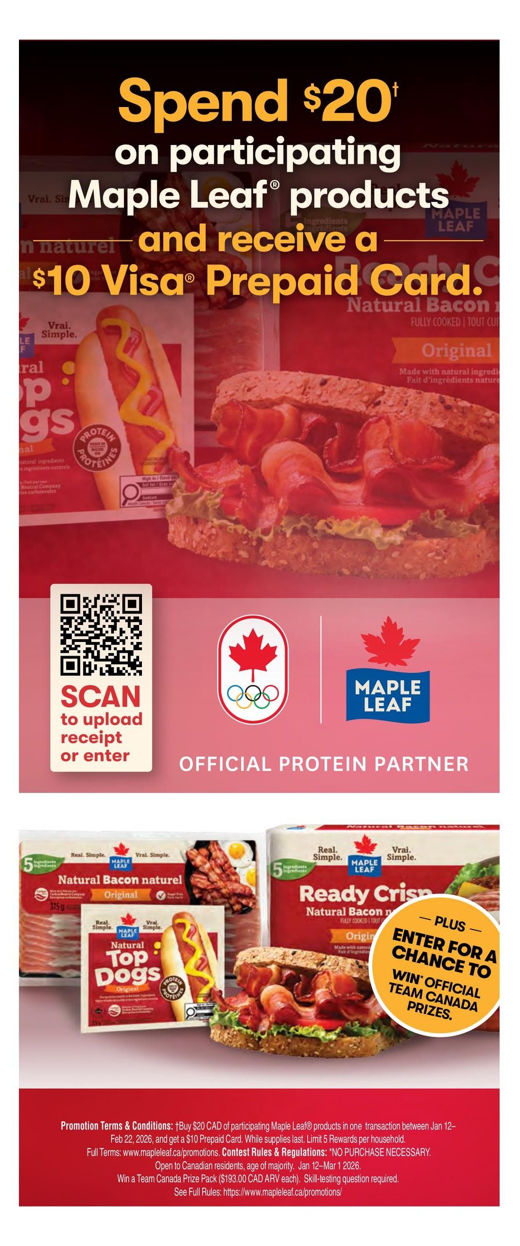 Vince's Market flyer page 5: Spend $20 on participating Maple Leaf products and receive a $10 Visa Prepaid Card. Features images of Maple Leaf Natural Bacon, Original, and Maple Leaf Natural Top Dogs. Also shows a sandwich made with bacon. Includes a QR code to scan to upload receipts or enter. The page highlights Maple Leaf as an Official Protein Partner with the Canadian Olympic team logo. Promotion runs from January 12-25, 2026, while supplies last. There is also a contest to enter for a chance to win Official Team Canada prizes.