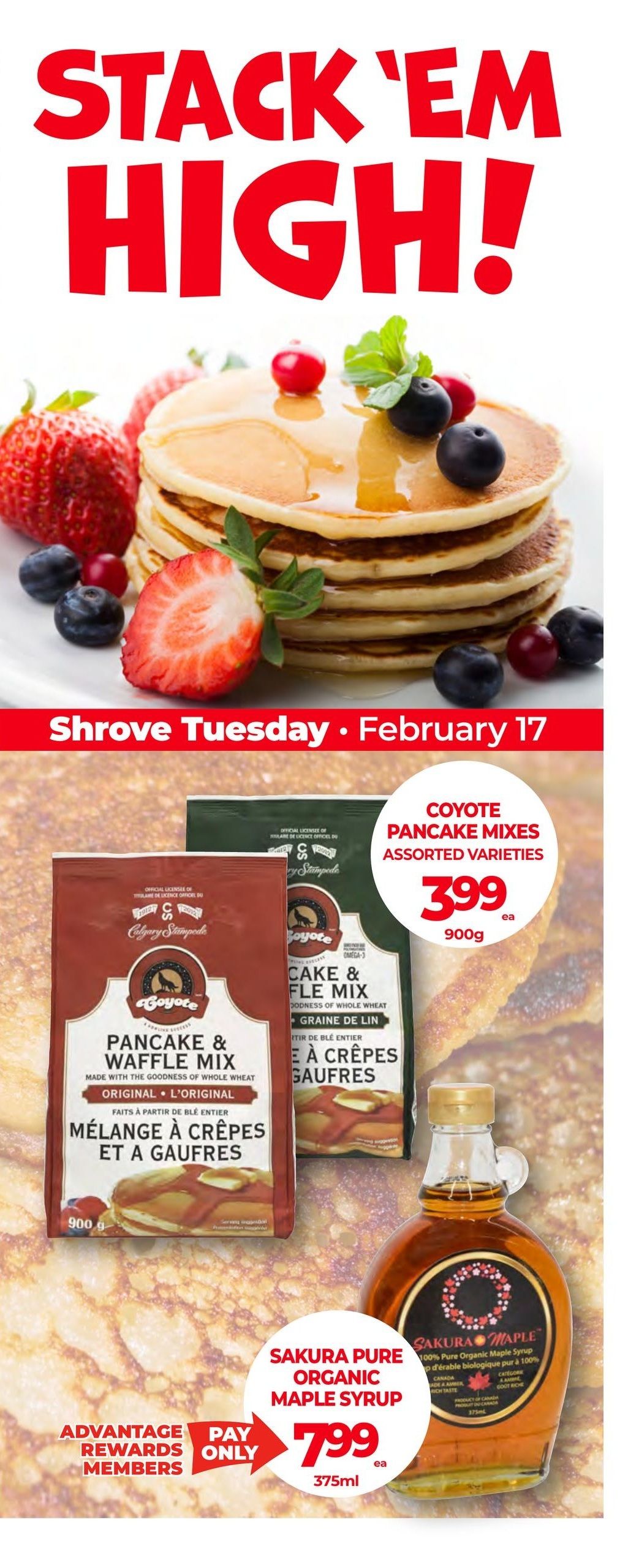 Vince's Market flyer page 10 features a Shrove Tuesday special on February 17th. The page highlights Coyote Pancake Mixes in assorted varieties for $3.99 each (900g). Also featured is Sakura Pure Organic Maple Syrup for $7.99 each (375ml), available for Advantage Rewards members only. The page includes a large image of pancakes with strawberries and blueberries.