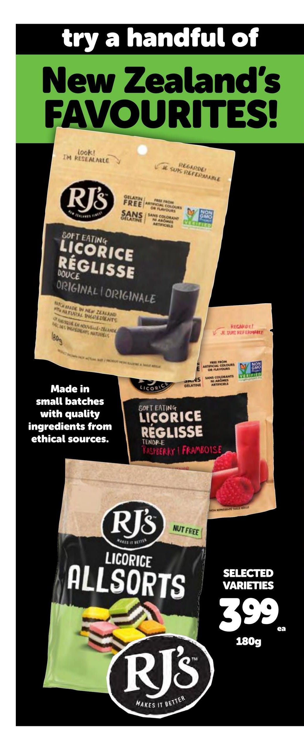 Vince's Market flyer specials page 12 features New Zealand's favourites from RJ's. On sale are RJ's Soft Eating Licorice Reglisse Originale, made in New Zealand with natural ingredients, free from gelatin, artificial colours, and artificial flavours. Also featured is RJ's Soft Eating Licorice Reglisse Tendre Raspberry/Framboise. RJ's Licorice Allsorts are also available. Selected varieties of RJ's licorice are priced at $3.99 for 180g. The page highlights that the licorice is made in small batches with quality ingredients from ethical sources and is nut-free.