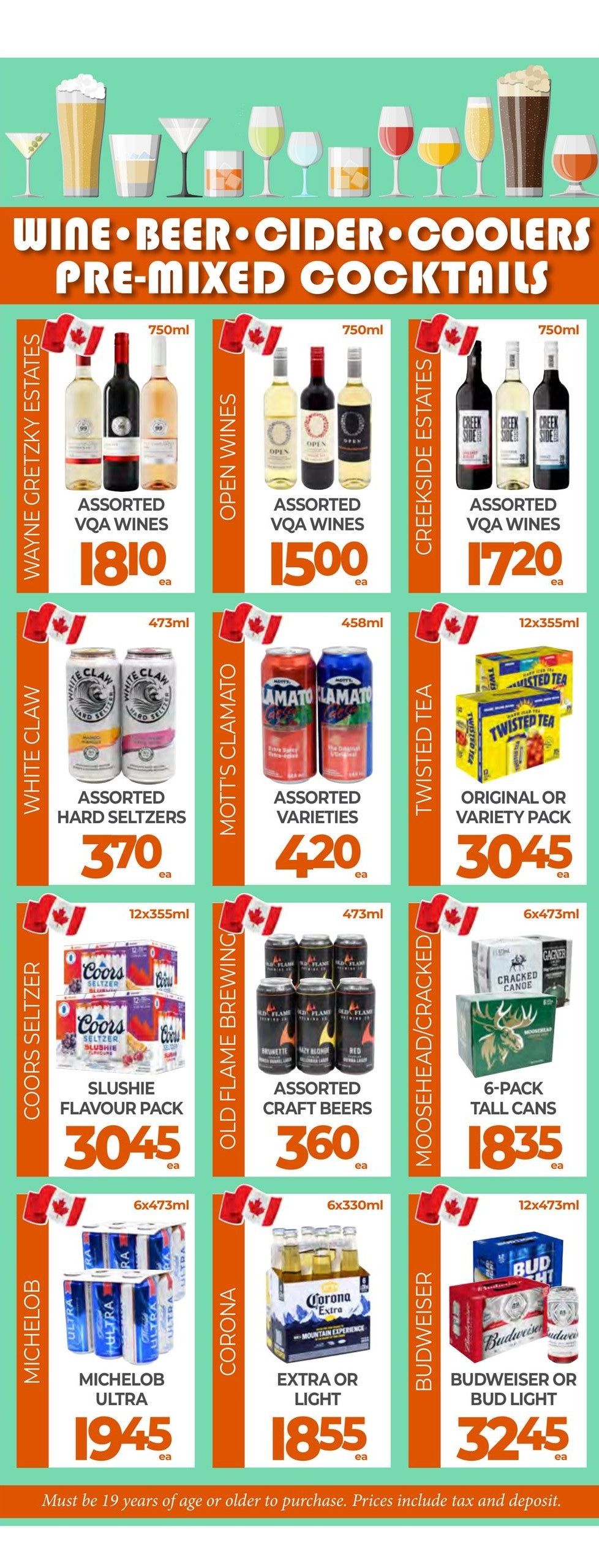 Vince's Market flyer page 14 features a selection of wine, beer, cider, coolers, and pre-mixed cocktails. Top row includes Wayne Gretzky Estates Assorted VQA Wines for $18.10, Open Wines Assorted VQA Wines for $15.00, and Creekside Estates Assorted VQA Wines for $17.20. Middle row showcases White Claw Assorted Hard Seltzers for $3.70, Mott's Clamato Assorted Varieties for $4.20, and Twisted Tea Original or Variety Pack for $30.45. Bottom row features Coors Seltzer Slushie Flavour Pack for $30.45, Old Flame Brewing Assorted Craft Beers for $3.60, Moosehead/Cracked Canoe 6-Pack Tall Cans for $18.35, Michelob Ultra for $19.45, Corona Extra or Light for $18.55, and Budweiser or Bud Light for $32.45. A note states that purchasers must be 19 years or older and prices include tax and deposit.