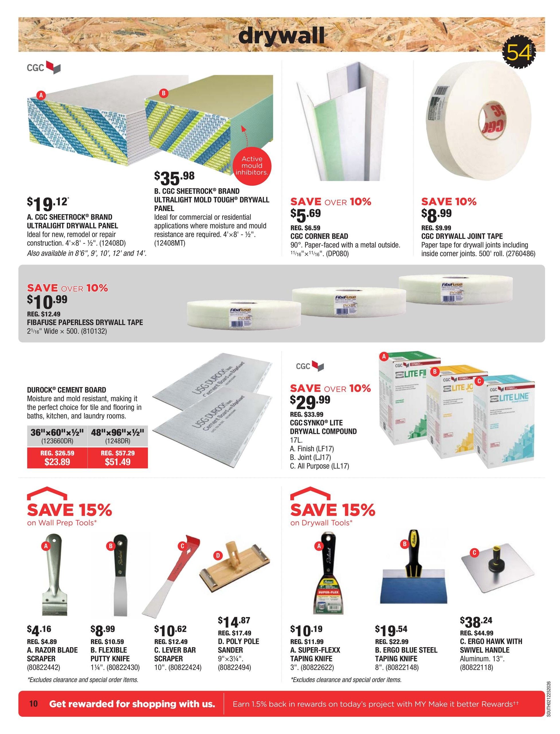 McMunn & Yates Building Supplies flyer page 10 featuring drywall products. Includes CGC Sheetrock Brand Ultralight Drywall Panel for $19.12, CGC Sheetrock Brand Ultralight Mold Tough Drywall Panel for $35.98 with active mould inhibitors. Also available is Fibafuse Paperless Drywall Tape for $10.99 (reg. $12.49), CGC Corner Bead for $5.69 (save over 10%), and CGC Drywall Joint Tape for $8.99 (save 10%, reg. $9.99). Durock Cement Board is available in 36'x60'x1/2' for $23.89 (reg. $26.59) and 48'x96'x1/2' for $51.49 (reg. $57.29). The page also highlights savings on Wall Prep Tools and Drywall Tools, including a Razor Blade Scraper for $4.16, Flexible Putty Knife for $8.99, Lever Bar Scraper for $10.62, Poly Pole Sander for $14.87, Super-Flexx Taping Knife for $10.19, Ergo Blue Steel Taping Knife for $19.54, and Ergo Hawk with Swivel Handle for $38.24 (reg. $44.99). CGC Synko Lite FII, Lite JO, and Lite Line drywall compounds are also featured for $29.99 (save over 10%, reg. $33.99). Page 10 also promotes earning 1.5% back in rewards.