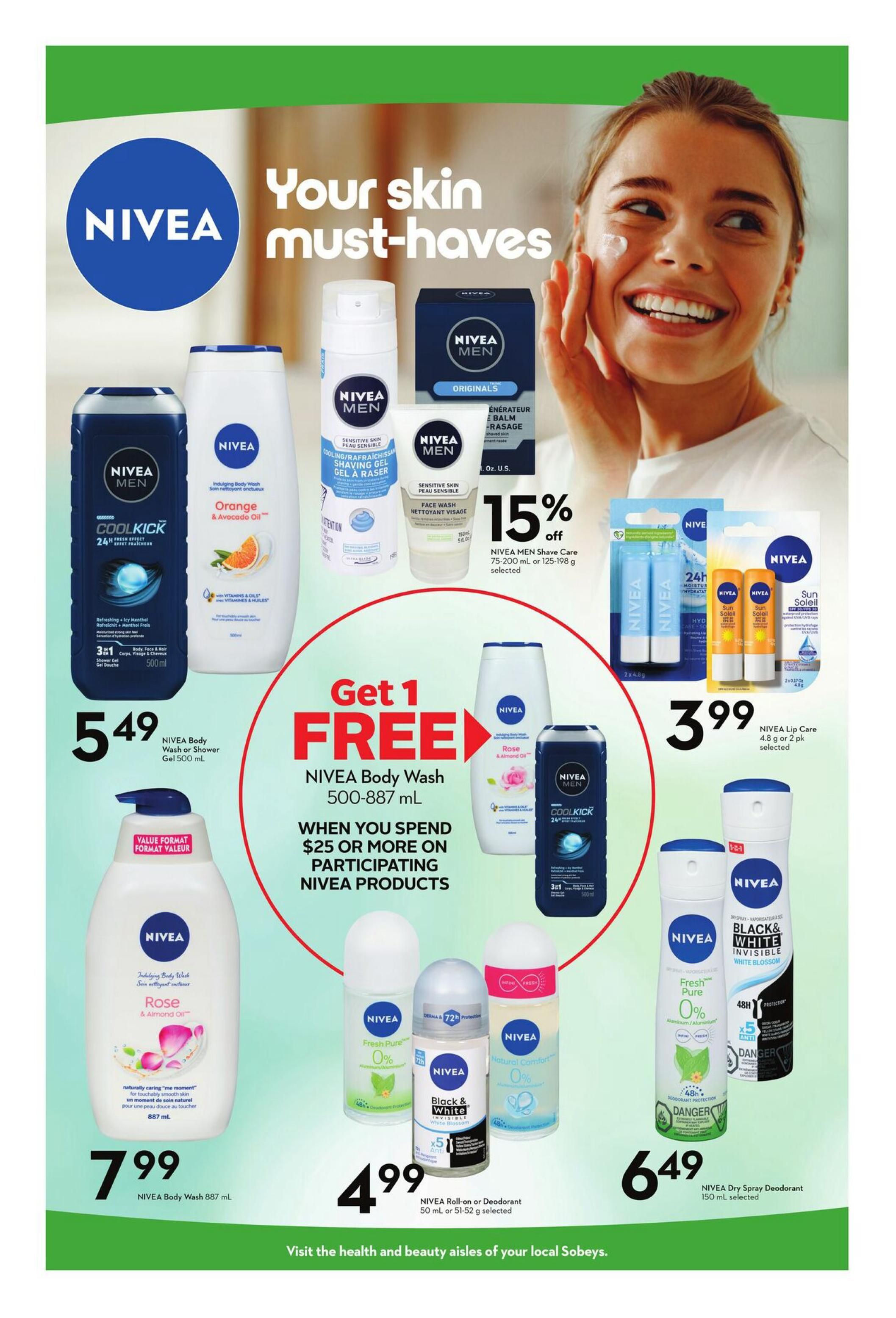Sobeys flyer page 3 featuring NIVEA skin must-haves. Offers include NIVEA Body Wash or Shower Gel 500 mL for $5.49, and NIVEA Body Wash 887 mL for $7.99. Spend $25 or more on participating NIVEA products and get 1 NIVEA Body Wash 500-887 mL free. Also featured is NIVEA MEN Shave Care 75-200 mL or 125-198 g selected at 15% off. NIVEA Lip Care 4.8 g or 2 pk selected is $3.99. NIVEA Roll-on or Deodorant 50 mL or 51-52 g selected is $4.99. NIVEA Dry Spray Deodorant 150 mL selected is $6.49. Visit the health and beauty aisles of your local Sobeys.