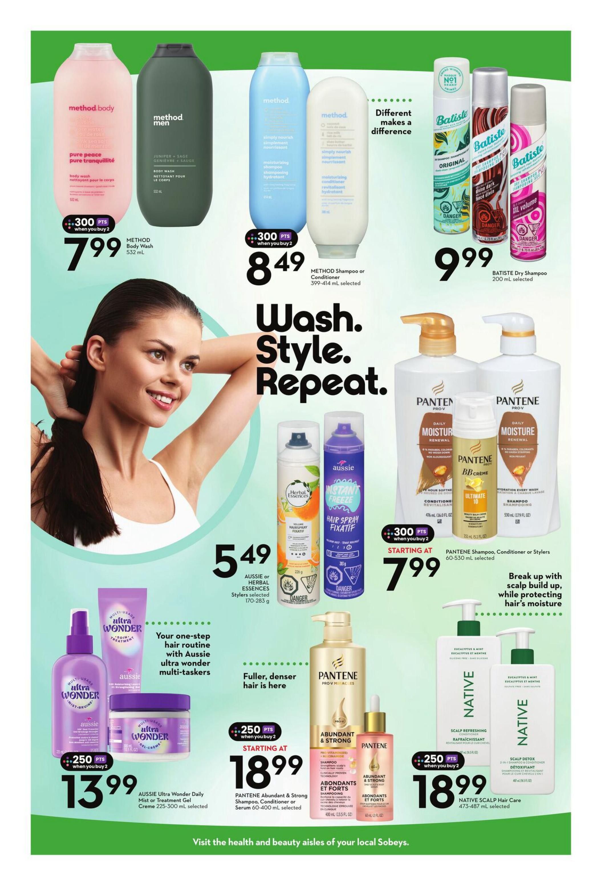 Sobeys Ontario flyer, page 8. Offers include Method Body Wash for $7.99 when you buy 2, earning 300 points. Method Shampoo or Conditioner (399-414 mL selected) is $8.49, also earning 300 points when you buy 2. Batiste Dry Shampoo (200 mL selected) is $9.99. Aussie or Herbal Essences Stylers (170-283 g) are $5.49. Aussie Ultra Wonder Daily Mist or Treatment Gel Creme (225-300 mL selected) is $13.99 with 250 bonus points when you buy 2. Pantene Shampoo, Conditioner or Stylers (60-530 mL selected) start at $7.99. Pantene Abundant & Strong Shampoo, Conditioner or Serum (60-400 mL selected) is starting at $18.99 with 250 bonus points when you buy 2. Native Scalp Hair Care (473-487 mL selected) is $18.99 with 250 bonus points when you buy 2. The page features a large image of a woman with healthy hair and highlights various hair care and body wash products.
