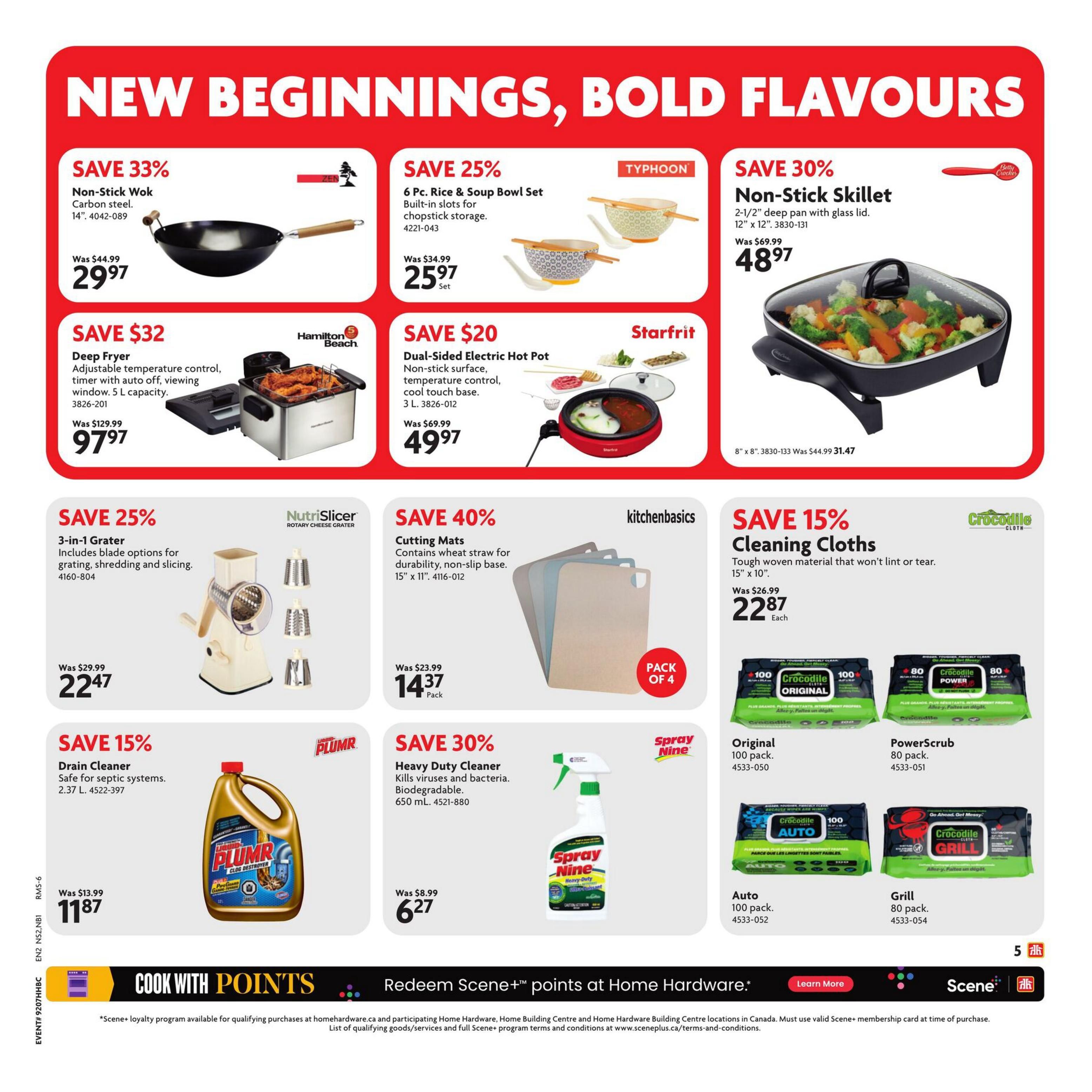 Home Hardware Atlantic flyer page 6 features kitchen and cleaning deals. Save 33% on a Non-Stick Wok (14') for $29.97. Get a 6 Pc. Rice & Soup Bowl Set for $25.97 (save 25%). Save 30% on a Non-Stick Skillet (12' x 12') with glass lid for $48.97. Save $32 on a Hamilton Beach Deep Fryer (5 L capacity) for $97.97. Starfrit Dual-Sided Electric Hot Pot is $49.97 (save $20). Kitchenbasics Cutting Mats (15' x 11', pack of 4) are on sale for $14.37 (save 40%). Save 15% on a NutriSlicer 3-in-1 Grater for $22.47. Crocodile Cloth Cleaning Wipes are 15% off: Original (100 pack) for $22.87, PowerScrub (80 pack) for $22.87, Auto (100 pack) for $22.87, and Grill (80 pack) for $22.87. Save 15% on Plumr Drain Cleaner (2.37 L) for $11.87. Save 30% on Spray Nine Heavy Duty Cleaner (650 mL) for $6.27. The page also promotes 'Cook with Points' and redeeming Scene+ points.