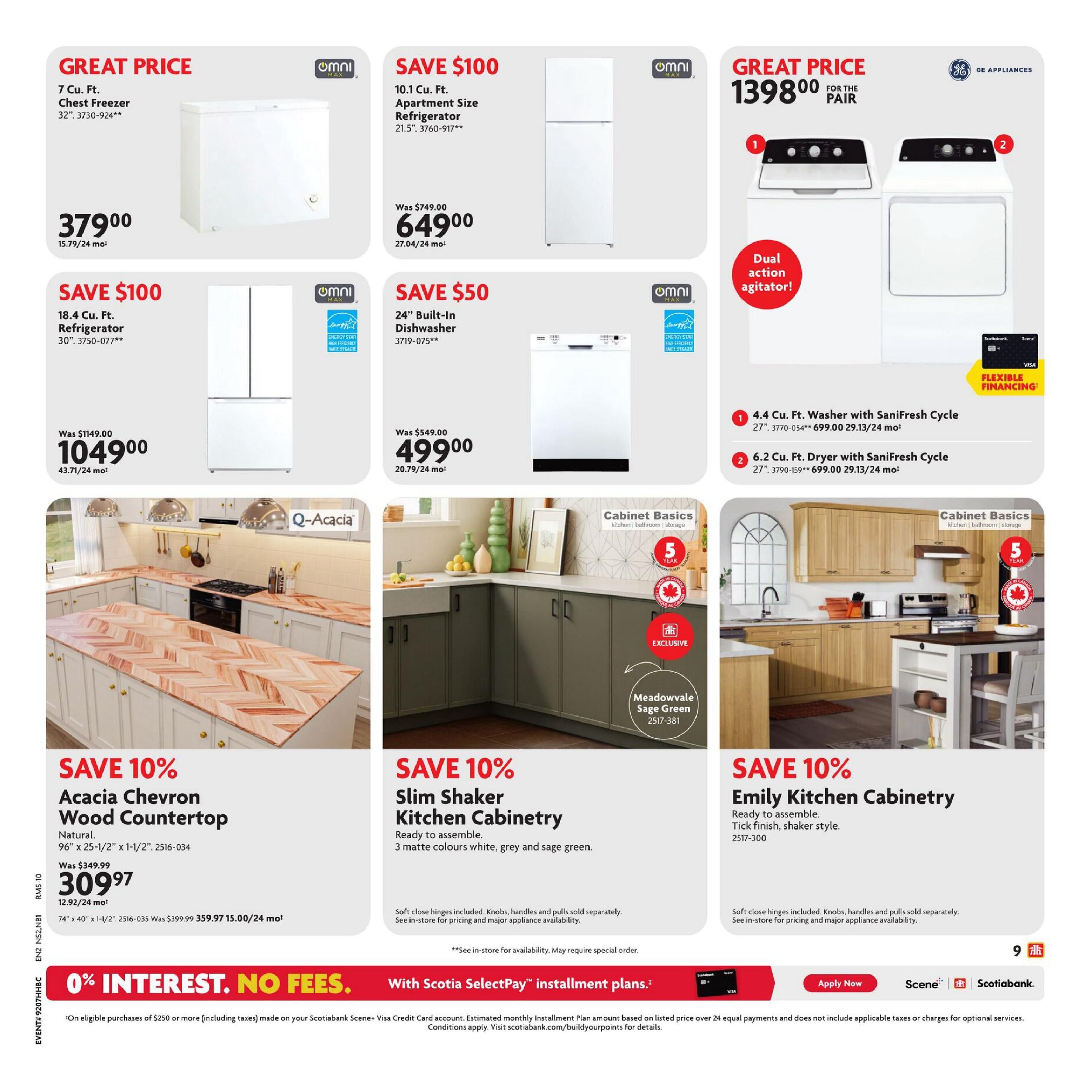 Home Hardware Atlantic flyer page 14 features a 7 Cu. Ft. Chest Freezer for a great price of $379.00. Save $100 on a 10.1 Cu. Ft. Apartment Size Refrigerator, now $649.00 (was $749.00). Also save $100 on an 18.4 Cu. Ft. Refrigerator for $1049.00 (was $1149.00). A 24' Built-In Dishwasher is on sale for $499.00, saving $50 (was $549.00). GE Appliances are available with a washer and dryer pair for $1398.00. Save 10% on Acacia Chevron Wood Countertop in Natural, priced at $309.97 (was $349.99). Save 10% on Slim Shaker Kitchen Cabinetry in white, grey, and sage green. Save 10% on Emily Kitchen Cabinetry with a tick finish, shaker style. The page also highlights 0% interest and no fees with Scotiabank SelectPay installment plans on eligible purchases of $250 or more.