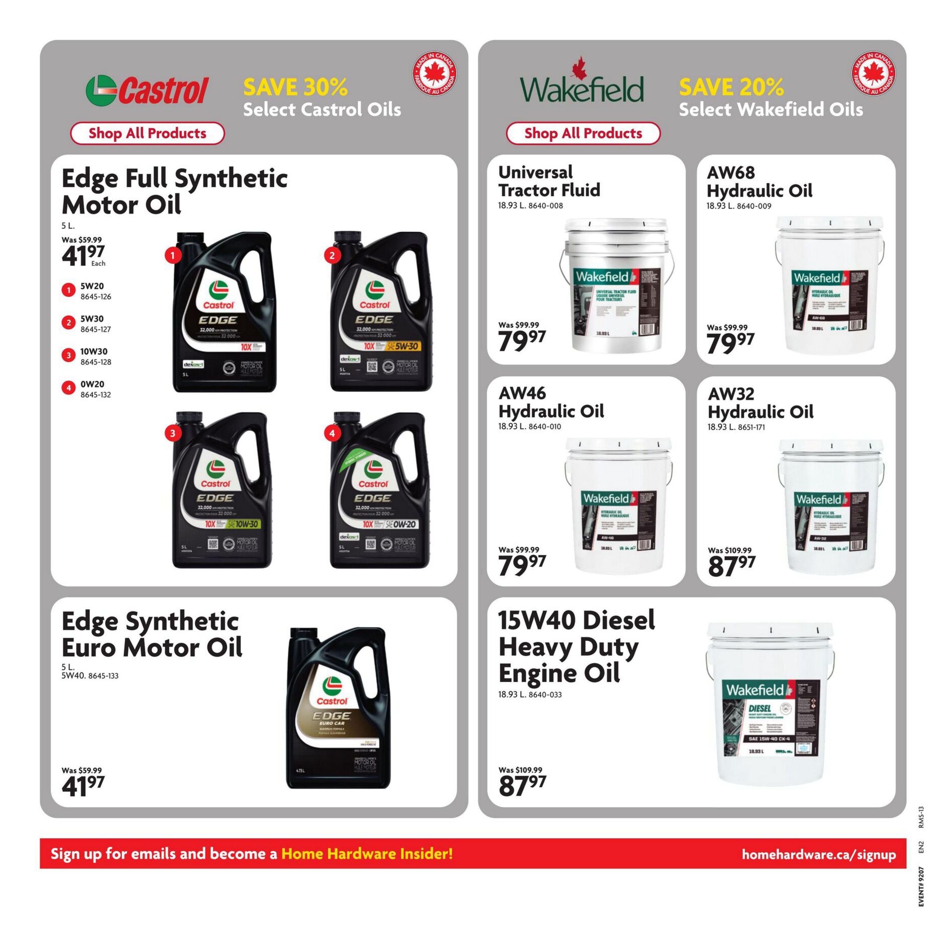 Home Hardware Atlantic flyer, page 18. Features Castrol Edge Full Synthetic Motor Oil 5 L, available in 5W20, 5W30, 10W30, and 0W20, on sale for $41.97 each (was $59.99). Also features Castrol Edge Euro Synthetic Motor Oil 5 L, 5W40, for $41.97 each. On the right side, save 20% on select Wakefield Oils. Includes Wakefield Universal Tractor Fluid 18.93 L for $79.97 (was $99.99), AW68 Hydraulic Oil 18.93 L for $79.97 (was $99.99), AW32 Hydraulic Oil 18.93 L for $87.97 (was $109.99), and 15W40 Diesel Heavy Duty Engine Oil 18.93 L for $87.97.