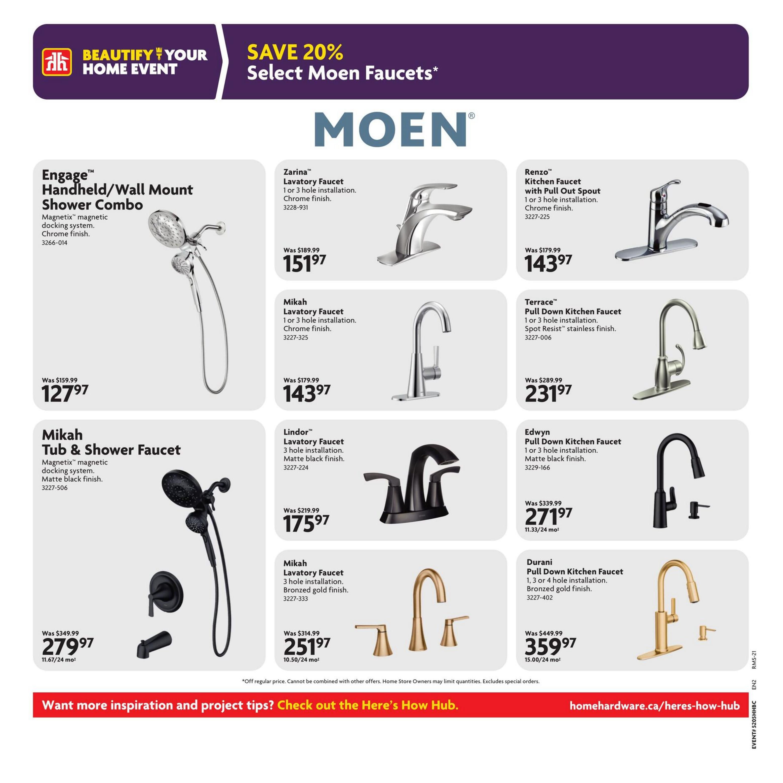 Home Hardware Atlantic flyer, page 21 of 24, featuring the Moen 'Beautify Your Home Event' with savings of 20% on select Moen faucets. Products include the Engage Handheld/Wall Mount Shower Combo with Magnetix magnetic docking system in chrome finish, originally $159.99, now $127.97. The Mikah Tub & Shower Faucet with Magnetix magnetic docking system in matte black finish, originally $349.99, now $279.97. The Zarina Lavatory Faucet in chrome finish is $151.97 (was $189.99). The Mikah Lavatory Faucet in chrome finish is $143.97 (was $179.99). The Lindor Lavatory Faucet in matte black finish is $175.97 (was $219.99). The Terrace Pull Down Kitchen Faucet in Spot Resist stainless finish is $231.97 (was $289.99). The Edwyn Pull Down Kitchen Faucet in matte black finish is $271.97 (was $339.99). The Durani Pull Down Kitchen Faucet in bronzed gold finish is $359.97 (was $449.99). Also features a banner promoting 'Want more inspiration and project tips? Check out the Here's How Hub.' with the website homehardware.ca/heres-how-hub.