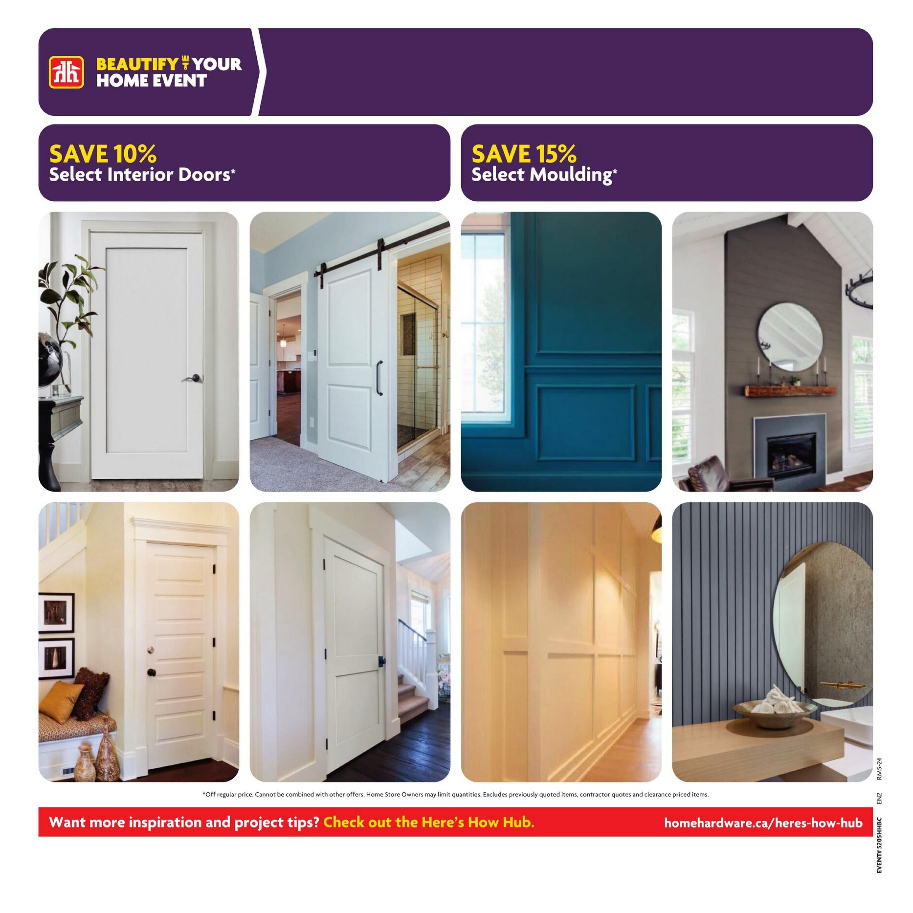 Home Hardware Beautify Your Home Event flyer, page 24. Features a 10% discount on select interior doors and a 15% discount on select moulding. Showcases various interior door styles, including a modern flat panel door, a barn door leading to a shower, and a traditional five-panel door. Also displays decorative wall moulding and a vanity area with a mirror. Includes a note that offers are off regular price, cannot be combined with other offers, and quantities may be limited. Encourages customers to visit homehardware.ca/heres-how-hub for inspiration and project tips.