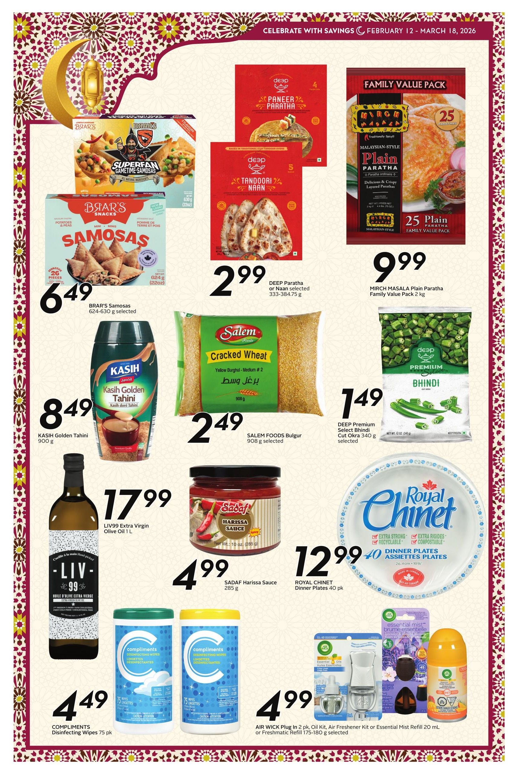 Safeway flyer page 4 features a variety of food items and household products. Featured products include BRAR'S Samosas for $6.49, KASIH Golden Tahini for $8.49, LIV99 Extra Virgin Olive Oil for $17.99, and COMPLIMENTS Disinfecting Wipes for $4.49. Also on sale are DEEP Paratha or Naan for $2.99, SALEM FOODS Bulgur for $2.49, SADAF Harissa Sauce for $4.99, and DEEP Premium Select Bhindi Cut Okra for $1.49. A FAMILY VALUE PACK of MIRCH MASALA Plain Paratha is available for $9.99. Household items include ROYAL CHINET Dinner Plates (40 pk) for $12.99 and AIR WICK Plug In, Oil Kit, Air Freshener Kit or Essential Mist Refill for $4.99.