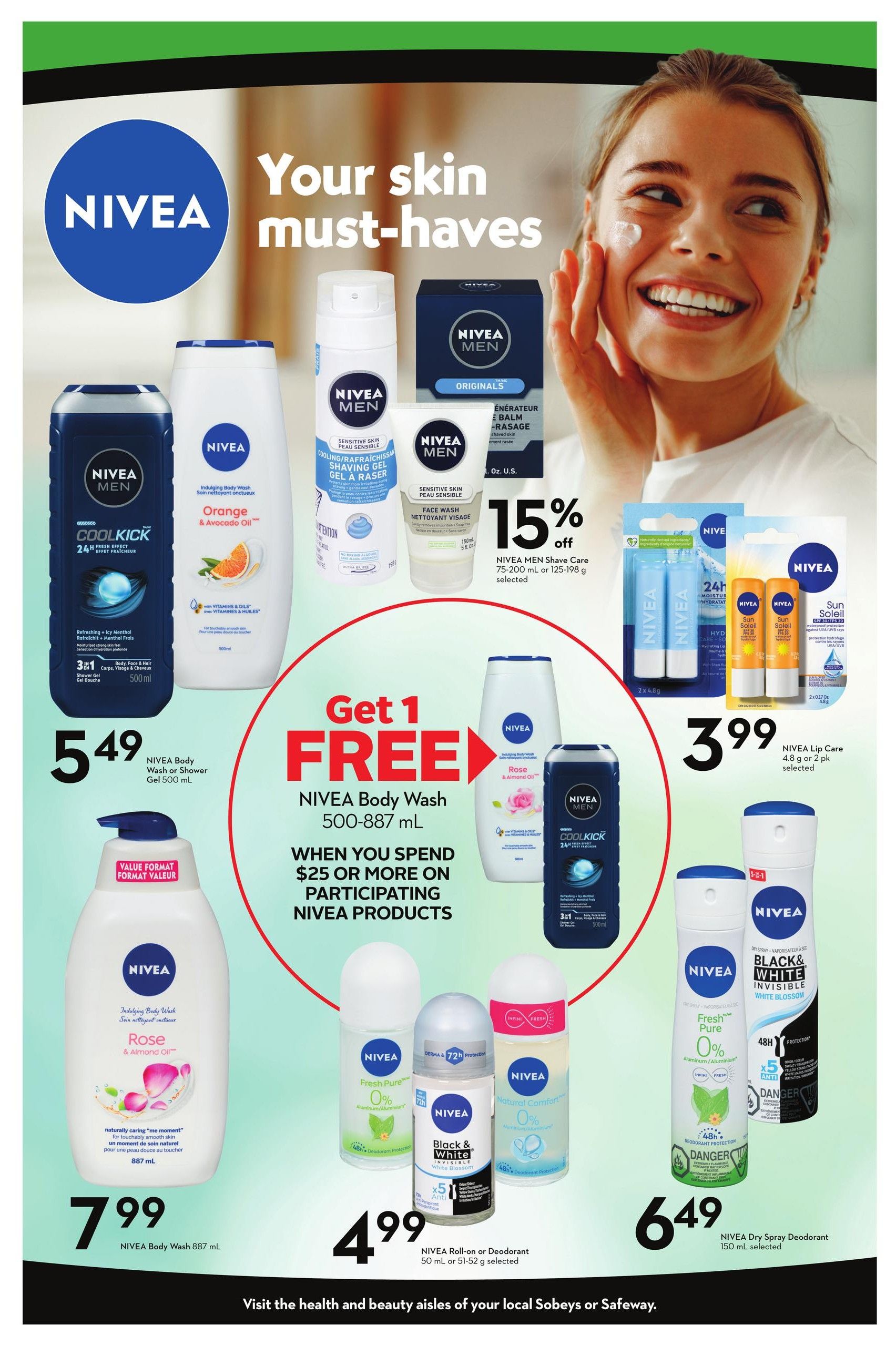 Safeway flyer page 3 featuring NIVEA 'Your skin must-haves' promotion. Offers include NIVEA MEN Cool Kick 3-in-1 Shower Gel 500 mL for $5.49, and NIVEA Body Wash 500 mL for $3.99. Spend $25 or more on participating NIVEA products and get 1 NIVEA Body Wash 500-887 mL free. Also featured are NIVEA MEN Sensitive Skin Cooling Shaving Gel 75-200 mL or 125-198 g for 15% off, NIVEA Lip Care 4.8 g or 2 pk selected for $3.99, NIVEA Body Wash Rose & Almond Oil 887 mL for $7.99, NIVEA Roll-on or Deodorant 50 mL or 51-52 g selected for $4.99, and NIVEA Dry Spray Deodorant 150 mL selected for $6.49. The page also shows NIVEA MEN Face Wash 150 mL and NIVEA Sun Soleil SPF 30/FPS 30 lip care.