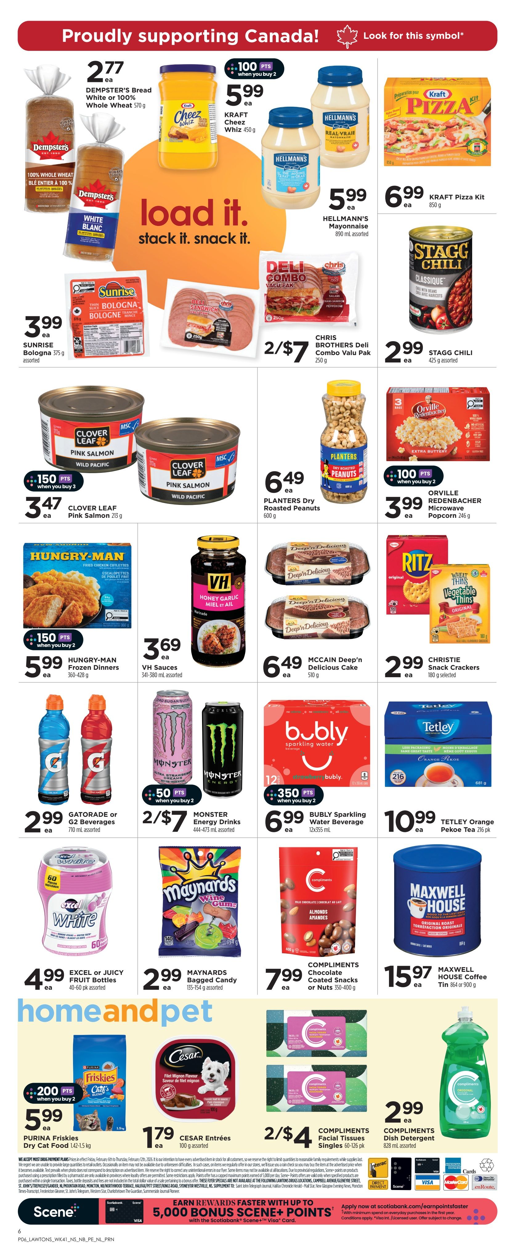 Lawtons Drugs weekly flyer specials page 2. Featured products include Dempster's Bread White or 100% Whole Wheat for $2.77, Kraft Cheez Whiz for $5.99, Hellmann's Mayonnaise for $5.99, and Kraft Pizza Kit for $6.99. Also available are Sunrise Bologna for $3.99, Chris Brothers Deli Combo Valu Pak for 2 for $7, and Stagg Chili for $2.99. Canned goods include Clover Leaf Pink Salmon for $3.47 when you buy 3 (earning 150 points), and Planters Dry Roasted Peanuts for $6.49. Frozen meals include Hungry-Man Frozen Dinners for $5.99. Condiments and sauces feature VH Sauces for $3.69, and Orville Redenbacher Microwave Popcorn for $3.99 when you buy 2 (earning 100 points). Beverages include Gatorade or G2 Beverages for $2.99, and Monster Energy Drinks for 2 for $7 (earning 50 points when you buy 2). Other items are Bubly Sparkling Water Beverage for $6.99 when you buy 2 (earning 350 points), Tetley Orange Pekoe Tea for $10.99, Excel or Juicy Fruit Bottles for $4.99, Maynards Bagged Candy for $2.99, Compliments Chocolate Coated Snacks or Nuts for $7.99, and Maxwell House Coffee Tin for $15.97. Also featured are Compliments Facial Tissues Singles for 2 for $4, Compliments Dish Detergent for $2.99, Purina Friskies Dry Cat Food for $5.99 when you buy 2 (earning 200 points), and Cesar Entrées for $1.79. The flyer also mentions Scene+ points and payment options.