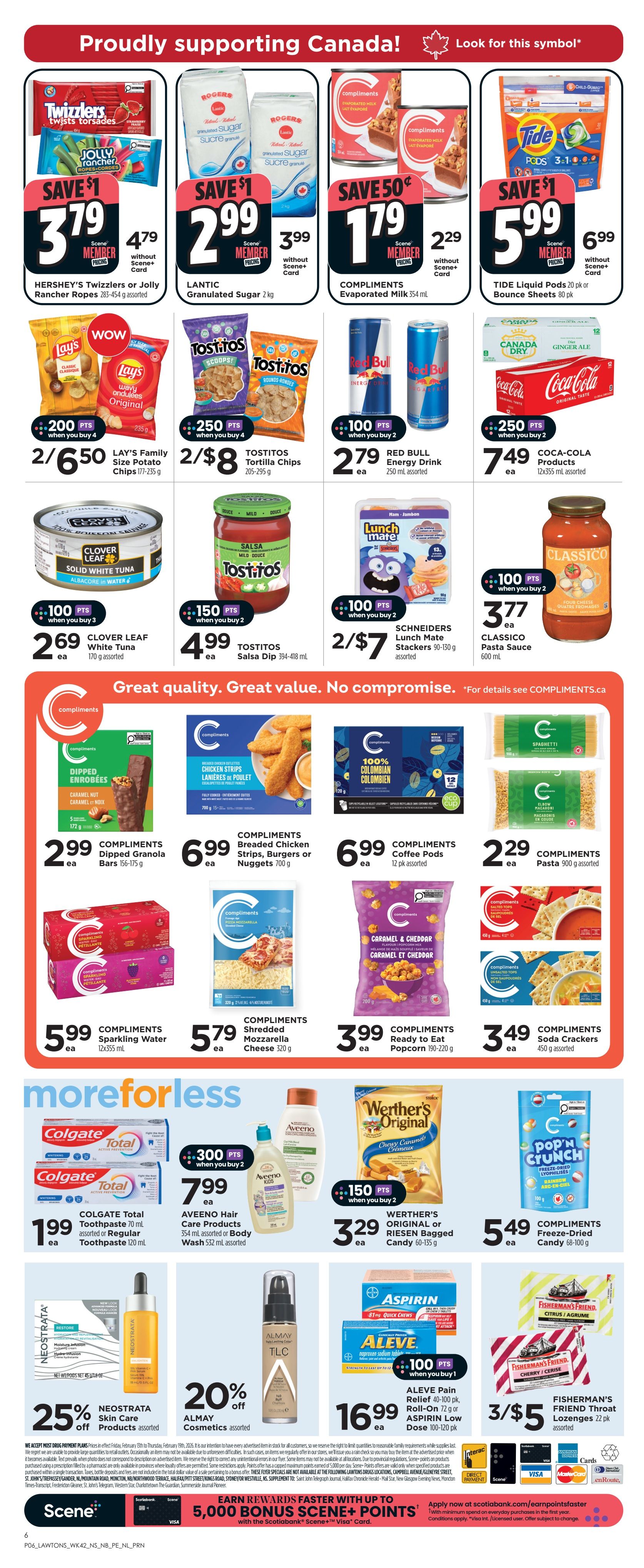 Lawtons Drugs weekly flyer specials page 8. Featured products include Hershey's Twizzlers or Jolly Rancher Ropes for $3.79, Lantic Granulated Sugar 2 kg for $2.99, Compliments Evaporated Milk 354 mL for $1.79, and Tide Liquid Pods 20 pk or Bounce Sheets 80 pk for $5.99. Lay's Family Size Potato Chips 177-235 g are 2 for $6.50 with 200 bonus Scene+ points when you buy 4. Tostitos Tortilla Chips 205-295 g are 2 for $8 with 250 bonus Scene+ points when you buy 4. Red Bull Energy Drink 250 mL assorted is $2.79 with 100 bonus Scene+ points when you buy 2. Coca-Cola Products 12x355 mL assorted are $7.49 with 250 bonus Scene+ points when you buy 2. Clover Leaf Solid White Tuna 170 g assorted is $2.69 with 100 bonus Scene+ points when you buy 3. Tostitos Salsa Dip 394-418 mL is $4.99 with 150 bonus Scene+ points when you buy 2. Schneiders Lunch Mate Stackers 90-130 g assorted are 2 for $7 with 100 bonus Scene+ points when you buy 2. Classico Pasta Sauce 600 mL is $3.77 with 100 bonus Scene+ points when you buy 2. Compliments Dipped Granola Bars 156-175 g are $2.99. Compliments Breaded Chicken Strips, Burgers or Nuggets 700 g are $6.99. Compliments Sparkling Water 12 pk assorted is $5.99. Compliments Shredded Mozzarella Cheese 320 g is $5.79. Compliments Coffee Pods 12 pk assorted are $6.99. Compliments Pasta 900 g assorted is $2.29. Compliments Ready to Eat Popcorn 190-220 g is $3.99. Compliments Soda Crackers 450 g assorted are $3.49. Colgate Total Toothpaste 70 mL assorted or Regular Toothpaste 120 mL is $1.99. Aveeno Hair Care Products 354 mL assorted or Body Wash 532 mL assorted is $7.99 with 300 bonus Scene+ points when you buy 2. Werther's Original or Riesen Bagged Candy 60-135 g is $3.29 with 150 bonus Scene+ points when you buy 2. Compliments Freeze-Dried Candy 68-100 g is $5.49. Neostrata Skin Care Products assorted are 25% off. Almay Cosmetics assorted are 20% off. Aleve Pain Relief 40-100 pk or Roll-On 72 g or Aspirin Low Dose 100-120 pk is $16.99 with 100 bonus Scene+ points when you buy 1. Fisherman's Friend Throat Lozenges 22 pk assorted are 3 for $5. The flyer also highlights earning 5,000 bonus Scene+ points with Scotiabank. Scene+ and Visa payment options are shown.