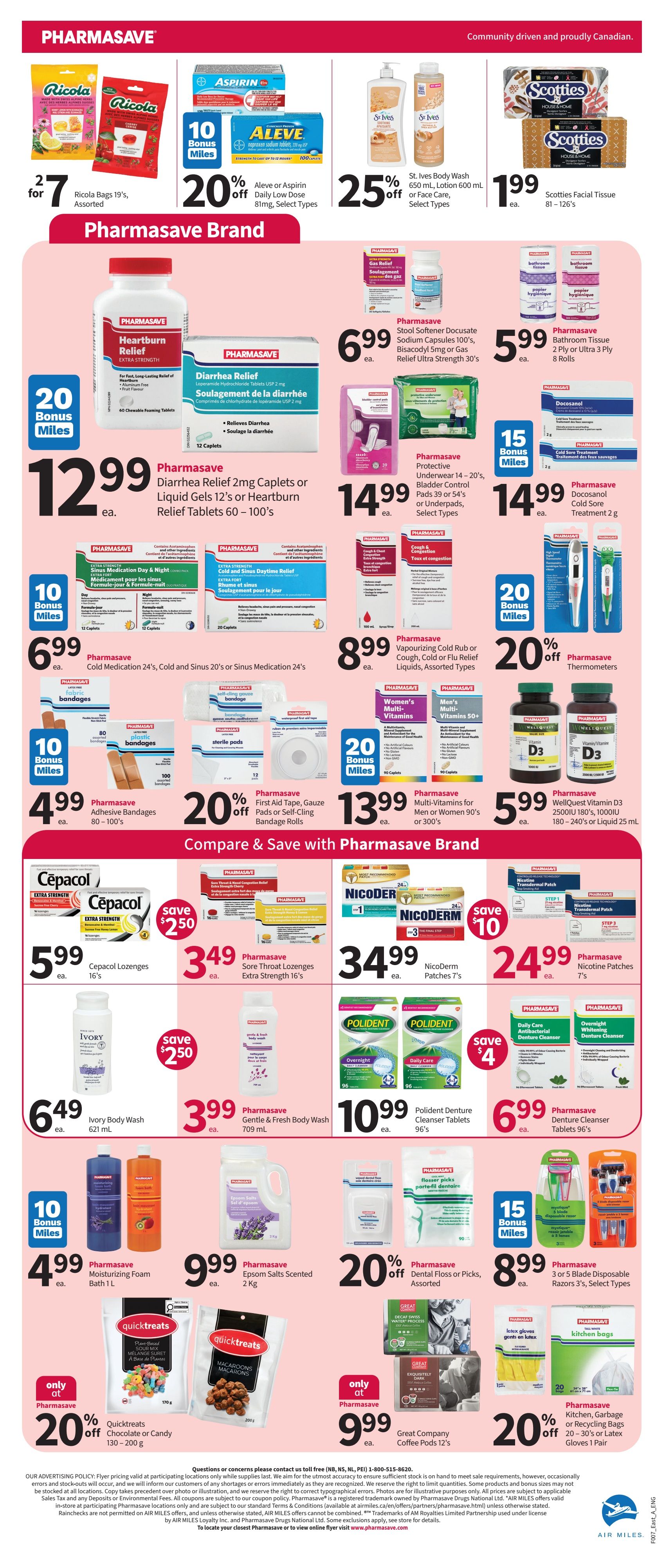 Pharmasave flyer page 4 featuring a variety of health and beauty products. Top section includes Ricola Bags 19's assorted for $7 (2 for), Aleve or Aspirin 81mg or Daily Low Dose 100 caplets with 10 Bonus Miles and 20% off, St. Ives Body Wash 650 mL or Lotion 600 mL with 25% off, and Scotties Facial Tissue 81-126's for $1.99 each. The Pharmasave Brand section highlights Diarrhea Relief 12 caplets or Liquid Gels 12's or Heartburn Relief Tablets 60-100's for $12.99 each with 20 Bonus Miles. Also featured are Pharmasave Stool Softener Docusate Sodium Capsules 100's, Bisacodyl 5mg or Gas Relief Ultra Strength 30's for $6.99 each, Pharmasave Bathroom Tissue 2 Ply or Ultra 3 Ply 8 Rolls for $5.99 each, Pharmasave Protective Underwear 14-20's, Bladder Control Pads 39 or 54's or Underpads with 15 Bonus Miles for $14.99 each, and Pharmasave Cold Sore Treatment 2g for $14.99 each. Further down, find Pharmasave Cold Medication 24's, Cold and Sinus 20's or Sinus Medication 24's for $6.99 each with 10 Bonus Miles, Pharmasave Adhesive Bandages 80-100's for $4.99 each, and 20% off Pharmasave First Aid Tape, Gauze Pads or Self-Cling Bandage Rolls. The 'Compare & Save' section offers Cepacol Lozenges 16's for $5.99 each (save $2.50), Pharmasave Sore Throat & Nasal Congestion Relief Extra Strength 16's for $3.49 each, Ivory Body Wash 621 mL for $6.49 each, Pharmasave Gentle & Fresh Body Wash 709 mL for $3.99 each, Nicoderm Patches 7's for $34.99 each (save $10), Pharmasave Nicotine Transdermal Patches 7's for $24.99 each, Polident Denture Cleanser Tablets 96's for $10.99 each, and Pharmasave Denture Cleanser Tablets 96's for $6.99 each. Additional Pharmasave products include Moisturizing Foam Bath 1 L for $4.99 each with 10 Bonus Miles, and Epsom Salts Scented 2 KG for $9.99 each. Also available are Quicktreats Chocolate or Candy 130-200g with 20% off, Great Company Coffee Pods 12's for $9.99 each, and 20% off Pharmasave Kitchen, Garbage or Recycling Bags 20-30's or Latex Gloves 1 Pair. Finally, Pharmasave 3 or 5 Blade Disposable Razors 3's, Select Types are $8.99 each.