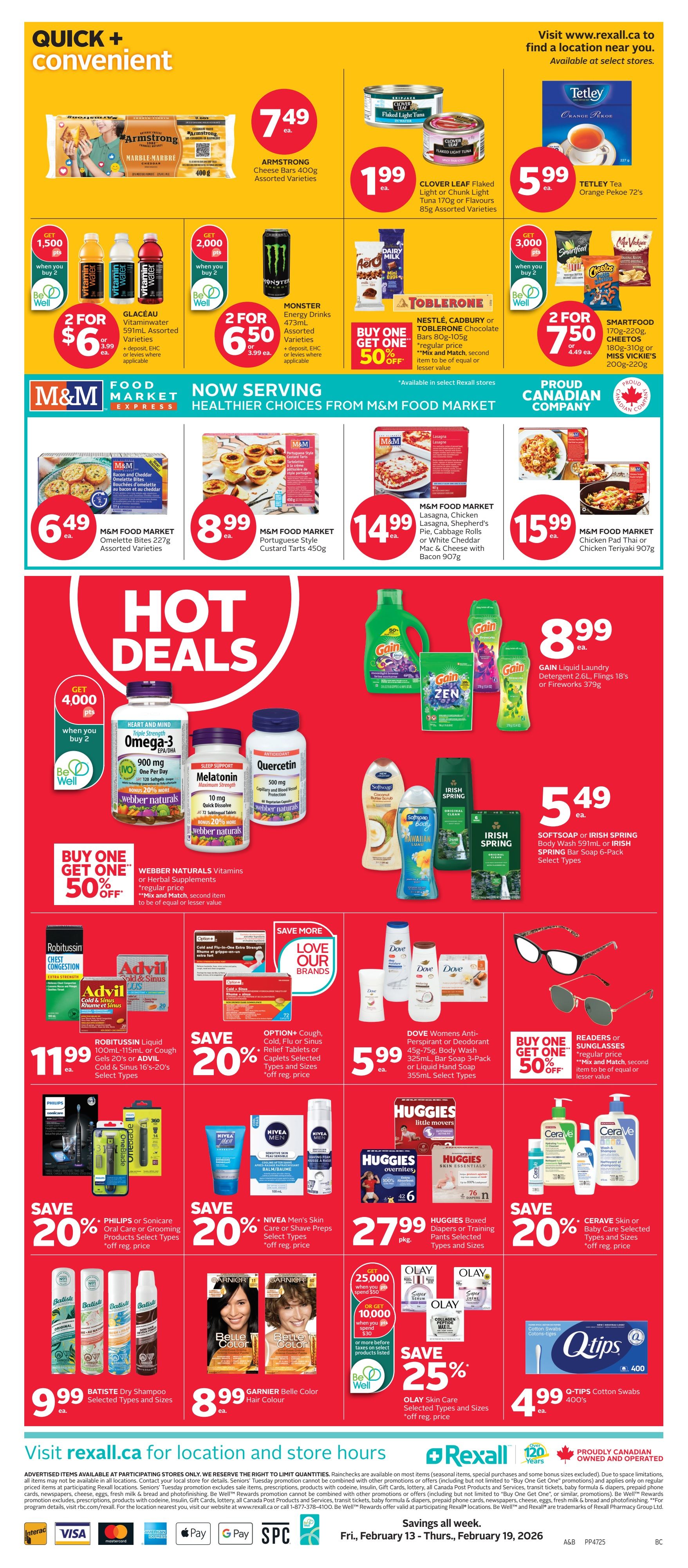 Rexall flyer page 3 featuring 'Quick + Convenient' and 'Hot Deals'. Top section highlights Armstrong Cheese Bars for $7.49, Clover Leaf Flaked Light Tuna for $1.99, and Tetley Tea Orange Pekoe 72's for $5.99. Also features Glacéau Vitaminwater 591ml for 2 for $6 or $3.99 each, and Monster Energy Drinks 473ml for 2 for $6.50 or $3.99 each. The 'M&M Food Market Express' section includes M&M Food Market Omelette Bites for $6.49, M&M Food Market Lasagna or Chicken Shepherd's Pie for $8.99, M&M Food Market Portuguese Style Custard Tarts for $8.99, and M&M Food Market Chicken Pad Thai or Chicken Teriyaki for $15.99. The 'Hot Deals' section showcases Gain Liquid Laundry Detergent 2.6L or Fling's 18's or Fireworks 379g for $8.99. Webber Naturals Vitamins or Herbal Supplements are Buy One Get One 50% off. Softsoap or Irish Spring Body Wash 591ml or Bar Soap 6-Pack is $5.49. Robitussin Liquid Gels 100ml-115ml or Advil Cold & Sinus 16's-20's are $11.99. Option+ Cold & Flu or Sinus Relief Tablets or Caplets are 20% off. Philips or Sonicare Oral Care or Grooming Products are 20% off. Nivea Men's Skin Care or Shave Preps are 20% off. Dove Women's Anti-Perspirant or Deodorant and Body Wash 45g-75g, Bar Soap 3-Pack or Liquid Hand Soap 355ml are Buy One Get One 50% off. Huggies Boxed Diapers or Training Pants are $27.99 pkg. CeraVe Skin or Baby Care products are 20% off. Q-Tips Cotton Swabs 400's are $4.99. Batiste Dry Shampoo is $9.99. Garnier Belle Color Hair Colour is $8.99. Olay Skin Care is 25% off. The flyer is valid from February 13 to February 19, 2026.