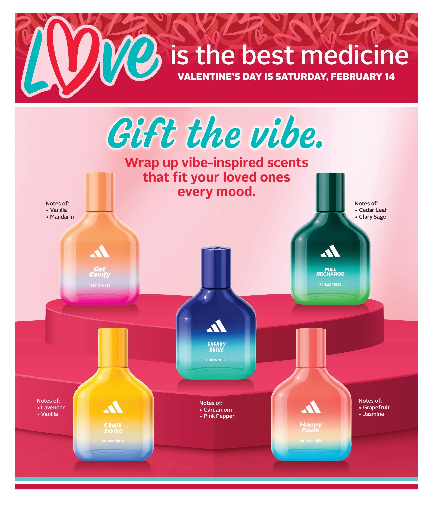 Rexall flyer page 22 features Adidas Vibes fragrances for Valentine's Day. The page is titled 'Gift the vibe. Wrap up vibe-inspired scents that fit your loved ones every mood.' It showcases five different Adidas Vibes fragrances: 'Get Comfy' with notes of Vanilla and Mandarin; 'Full Recharge' with notes of Cedar Leaf and Clary Sage; 'Energy Drive' with no specific notes listed; 'Chill Zone' with notes of Lavender and Vanilla; and 'Happy Feels' with notes of Grapefruit and Jasmine. The header reads 'Love is the best medicine. Valentine's Day is Saturday, February 14.'