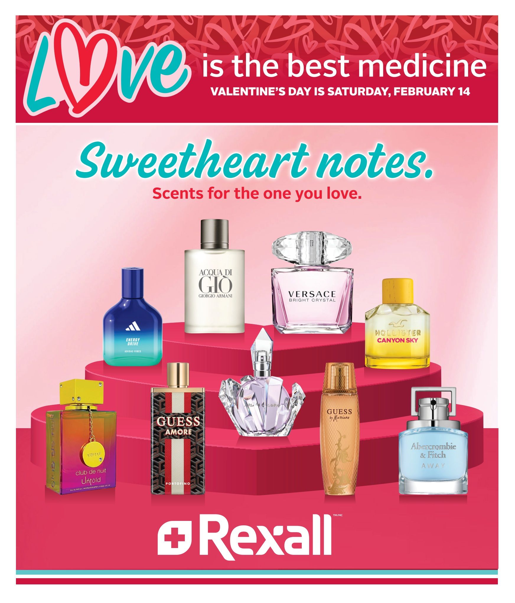 Rexall flyer page featuring a Valentine's Day theme with the headline 'Love is the best medicine. Valentine's Day is Saturday, February 14' and 'Sweetheart notes. Scents for the one you love.' The page displays various perfumes including Giorgio Armani Acqua Di Gio, Versace Bright Crystal, Hollister Canyon Sky, Abercrombie & Fitch Away, Guess Amore Portofino, Guess by Marciano, Ariana Grande Cloud, and Armaf Club de Nuit Untold. The Rexall logo is visible at the bottom.