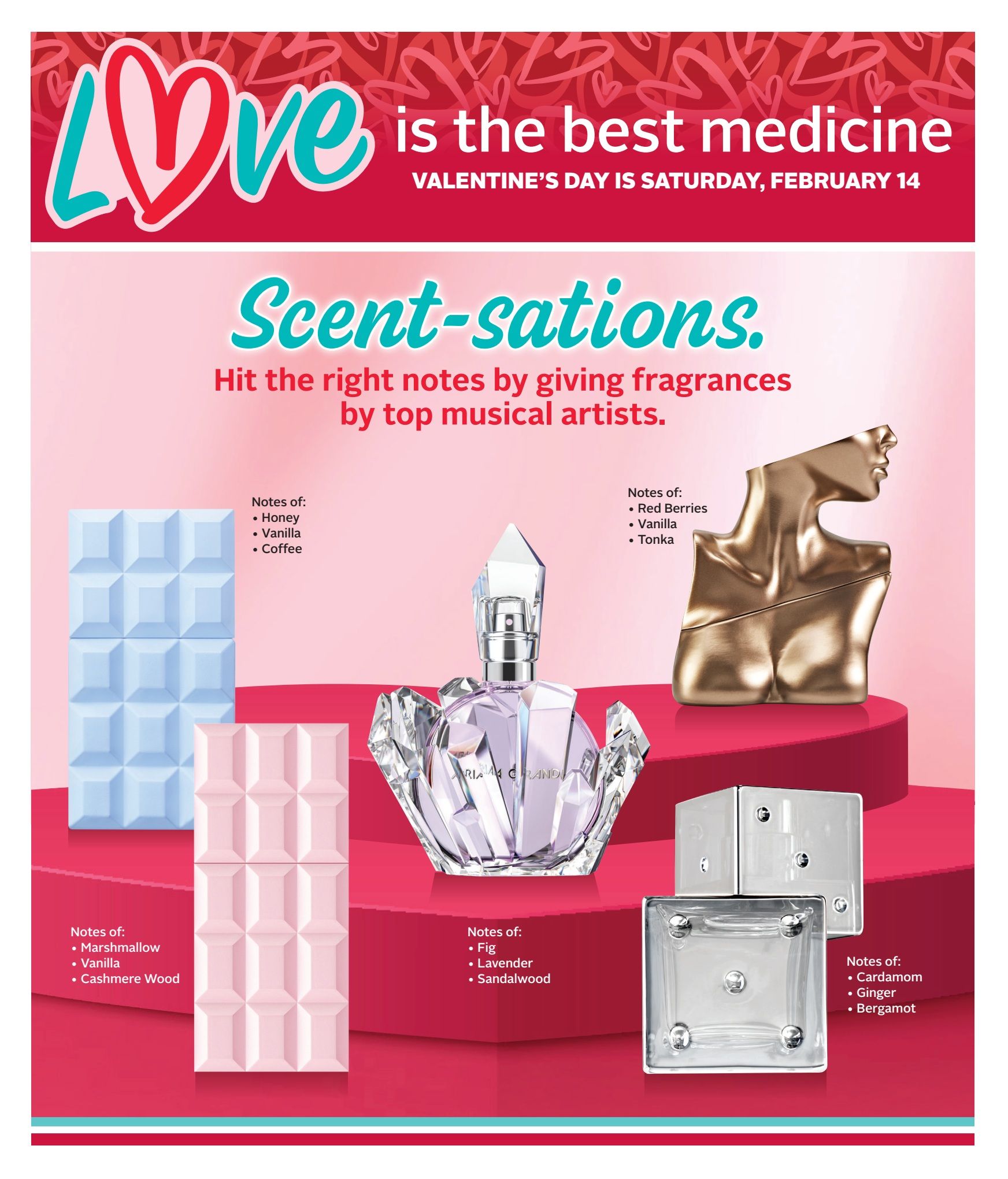 Rexall flyer page 17 features 'Scent-sations' with fragrances inspired by top musical artists, coinciding with Valentine's Day on Saturday, February 14. The page showcases various perfume bottles and their scent notes. One fragrance features notes of Honey, Vanilla, and Coffee. Another has notes of Marshmallow, Vanilla, and Cashmere Wood. A central perfume bottle, identified as Ariana Grande's fragrance, lists notes of Fig, Lavender, and Sandalwood. A gold-toned bottle has notes of Red Berries, Vanilla, and Tonka. Finally, a clear glass bottle displays notes of Cardamom, Ginger, and Bergamot.