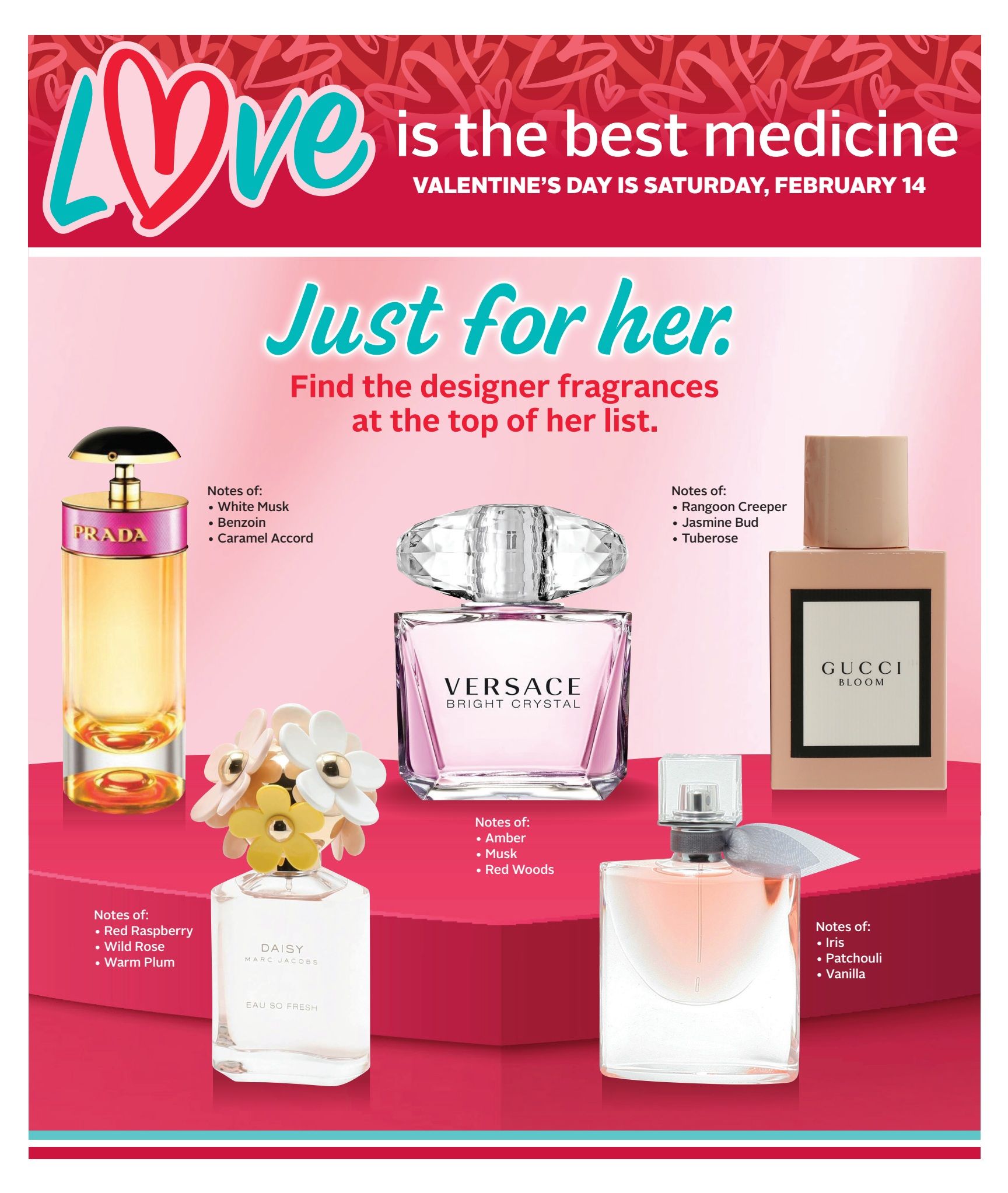 Rexall flyer page featuring designer fragrances for Valentine's Day. Includes Prada Eau de Parfum with notes of White Musk, Benzoin, and Caramel Accord. Also features Versace Bright Crystal with notes of Rangoon Creeper, Jasmine Bud, and Tuberose. Marc Jacobs Daisy Eau So Fresh is shown with notes of Red Raspberry, Wild Rose, and Warm Plum. Gucci Bloom fragrance is also displayed. The page highlights 'Love is the best medicine' and 'Just for her', suggesting these fragrances are ideal gifts for Valentine's Day, which falls on Saturday, February 14th.