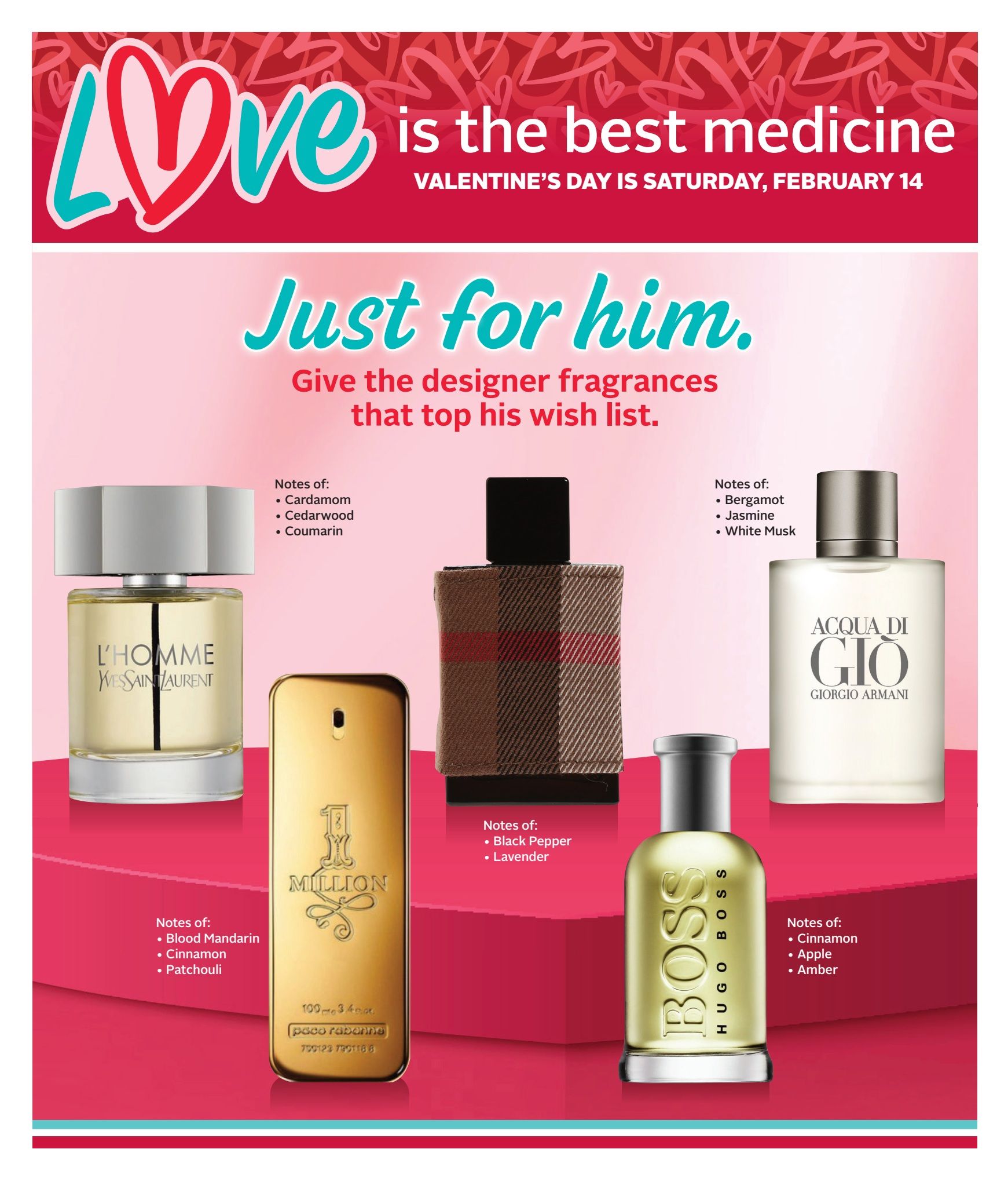 Rexall flyer page featuring designer fragrances for men for Valentine's Day. 'Love is the best medicine' and 'Valentine's Day is Saturday, February 14' are prominently displayed. The page showcases 'Just for him' with featured scents including Yves Saint Laurent L'Homme with notes of Cardamom, Cedarwood, and Coumarin; Paco Rabanne 1 Million with notes of Blood Mandarin, Cinnamon, and Patchouli; Burberry Brit Rhythm with notes of Black Pepper and Lavender; Giorgio Armani Acqua di Gio with notes of Bergamot, Jasmine, and White Musk; and Hugo Boss Bottled with notes of Cinnamon, Apple, and Amber.