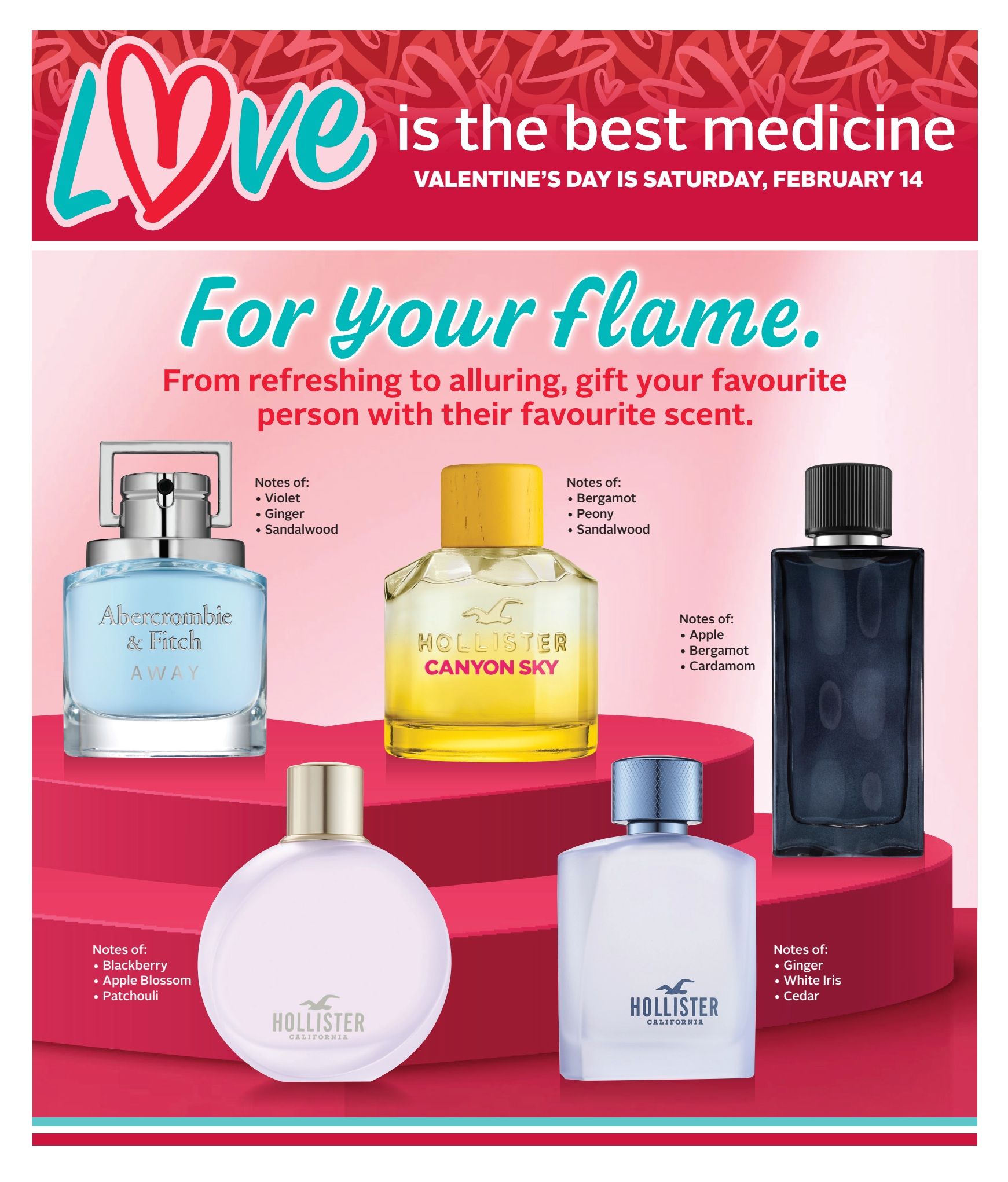 Rexall flyer page 21 features a Valentine's Day promotion with the theme 'Love is the best medicine'. The page showcases various fragrances, including Abercrombie & Fitch AWAY with notes of violet, ginger, and sandalwood. Also featured are Hollister fragrances: Canyon Sky with notes of bergamot, peony, and sandalwood; a round white bottle with notes of blackberry, apple blossom, and patchouli; and a frosted white bottle with notes of apple, bergamot, and cardamom. Another dark blue bottle fragrance is shown with notes of ginger, white iris, and cedar. The promotion highlights gifting your favourite scent for Valentine's Day, which falls on Saturday, February 14.