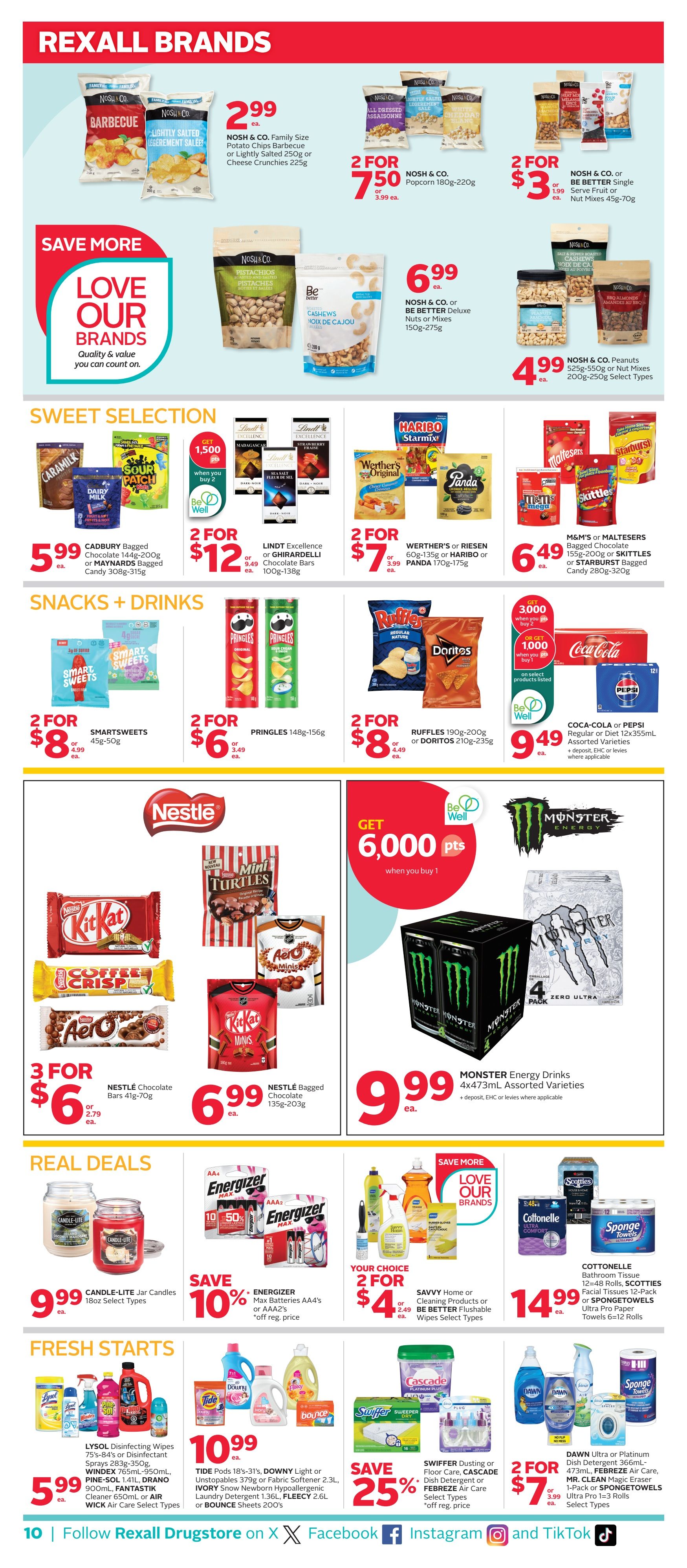 Rexall flyer page 15 featuring a wide selection of snacks, drinks, and household essentials. Top section showcases Rexall Brands with Nosh & Co. Family Size Potato Chips Barbecue or Lightly Salted for $2.99 each, Nosh & Co. Popcorn 180g-220g for 2 for $7.50, and Nosh & Co. or Be Better Single Serve Fruit or Nut Mixes 45g-70g for 2 for $3. Sweet Selection includes Cadbury Bagged Chocolate 144g-200g or Maynards Bagged Candy 308g-315g for $5.99 each, Lindt Excellence or Ghirardelli Chocolate Bars 100g-138g for 2 for $12, and Werther's or Riesen 60g-135g or Haribo or Panda 170g-175g for 2 for $7. Snacks and Drinks section features Smartsweets 45g-50g for 2 for $8, Pringles 148g-156g for 2 for $6, Ruffles 190g-200g or Doritos 210g-235g for 2 for $8, M&M's or Maltesers Bagged Chocolate 155g-200g or Skittles or Starburst Bagged Candy 280g-320g for $6.49 each, and Coca-Cola or Pepsi Regular or Diet 12x355mL Assorted Varieties for $9.49 each. Nestlé products include Kit Kat, Coffee Crisp, Aero, Mini Turtles, and Aero Minis. Nestlé Chocolate Bars 41g-70g are 3 for $6, and Nestlé Bagged Chocolate 135g-203g is $6.99 each. Monster Energy Drinks 4x473mL Assorted Varieties are $9.99 each. Real Deals include Candle-Lite Jar Candles 18oz Select Types for $9.99. Energizer Max Batteries AA4 or AAA2 are save 10%. Fresh Starts section includes Lysol Disinfecting Wipes 75's-84's or Disinfectant Sprays 283g-350g, Windex 765mL-950mL, Pine-Sol 1.41L, Drano Cleaner 650mL or Air Wick Air Care Select Types for $5.99 each. Tide Pods 18's-31's, Downy Light or Unstopables 379g or Fabric Softener 2.3L, Ivory Snow Newborn Hypoallergenic Laundry Detergent 1.36L, Fleecy 2.6L or Bounce Sheets 200's are $10.99 each. Swiffer Dusting or Floor Care, Cascade Dish Detergent or Febreze Air Care Select Types are save 25%. Dawn Ultra or Platinum Dish Detergent 366mL-473mL, Febreze Air Care, Mr. Clean Magic Eraser 1-Pack or Spongetowels Ultra Pro Paper Towels 6=12 Rolls are 2 for $7. Cottonelle Bathroom Tissue 12-48 Rolls, Scotties Facial Tissues 12-Pack or Spongetowels Ultra Pro Paper Towels 6=12 Rolls are $14.99. The page also highlights 'Love Our Brands' and 'Get 6,000 pts when you buy 2' or 'Get 1,000 pts when you buy 1' with Be Well.