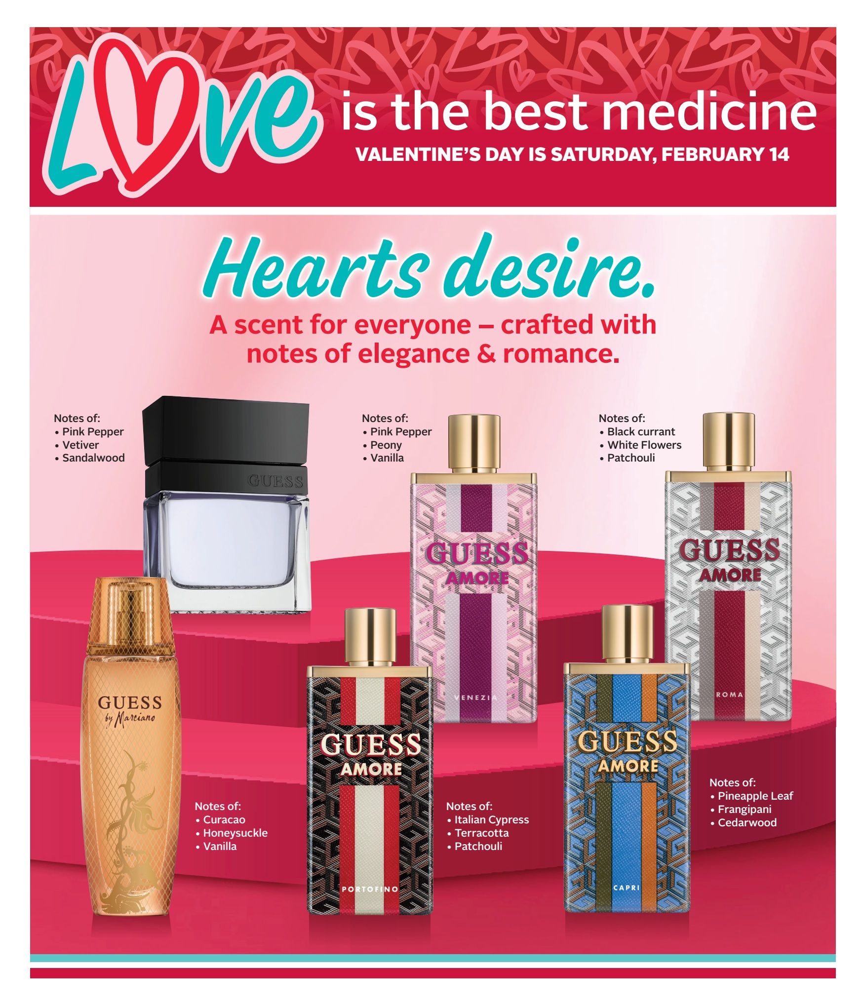 Rexall flyer page 20 features a Valentine's Day theme with the slogan 'Love is the best medicine'. The page highlights the 'Hearts Desire' collection of Guess fragrances. Featured scents include a Guess by Marciano fragrance with notes of Curacao, Honeysuckle, and Vanilla. Also showcased are several Guess Amore fragrances: one with notes of Pink Pepper, Peony, and Vanilla; another with notes of Black Currant, White Flowers, and Patchouli; a Portofino edition with notes of Italian Cypress, Terracotta, and Patchouli; and a Capri edition with notes of Pineapple Leaf, Frangipani, and Cedarwood. A larger Guess fragrance bottle is also displayed with notes of Pink Pepper, Vetiver, and Sandalwood.