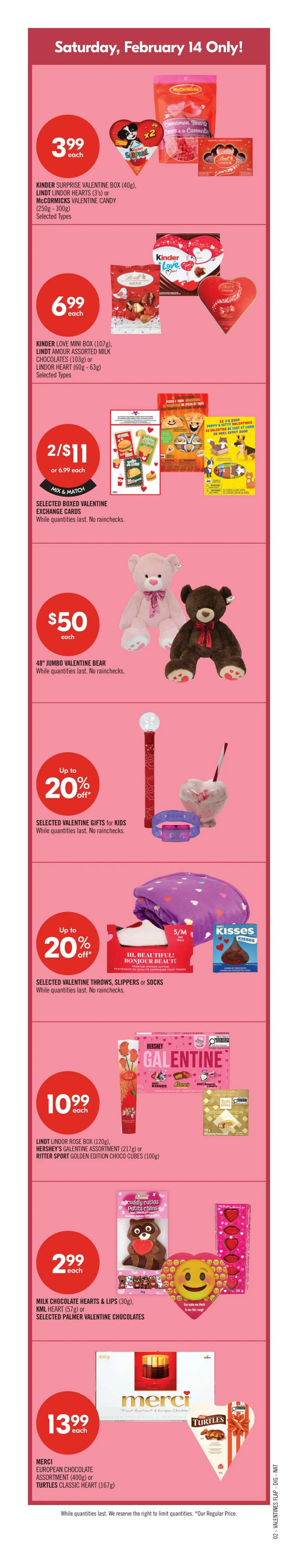 Shoppers Drug Mart Atlantic flyer page 3 features a Bonus Redemption Event with up to $500 off using Optimum points. Deals include 350,000 points for $500 off, 200,000 points for $300 off, 100,000 points for $140 off, and 50,000 points for $65 off. The 2-Day Sale on Saturday, February 14 & Sunday, February 15 includes Grade 'A' Large White Eggs for $3.99 each (limit 2), No Name Butter 454g for $5.49 each (limit 4). Christie Cookies or Crackers are 2 for $5 or $2.79 each (mix & match, limit 4). Ruffles Potato or Tostitos Tortilla Chips are 2 for $8 or $4.29 each (mix & match, limit 4). Coca-Cola or Pepsi Beverages 6 x 710mL are $4.39 each (limit 4). Dr. Oetker Ristorante or Casa di Mama Frozen Pizza is $3.99 each (limit 4, rest of week $4.99). No Name Bacon 375g is $3.99 each (limit 4, rest of week $4.99). Janes Pub Style Chicken Nuggets, Strips or Burgers 700g are $6.99 each (limit 4, rest of week $8.99). Wonder White or Whole Wheat Bread 570g is $2.49 each (limit 4, after limit $3.29). No Name Paper Towels 6 double rolls or Vim Household Cleaners are $3.49 each (limit 4, rest of week $4.99). Royale Original 2-ply or Velour 3-ply Facial Tissues 6's are $5.99 each (limit 4, rest of week $6.99). Colgate Maxfresh, Total or Total Advanced Toothpaste is $3.49 each (limit 4, after limit $3.99). G.U.M Comfort Slide Floss or Listerine Total Care Mouthwash or Sensodyne Multi-Action Toothpaste are $4.99 each (limit 4, after limit $5.49). Aveeno Calm+Restore Oat Gel Moisturizer or Olay Regenerist or Complete Facial Moisturizers are on sale with up to 25% off. Excludes Olay Regenerist Max.