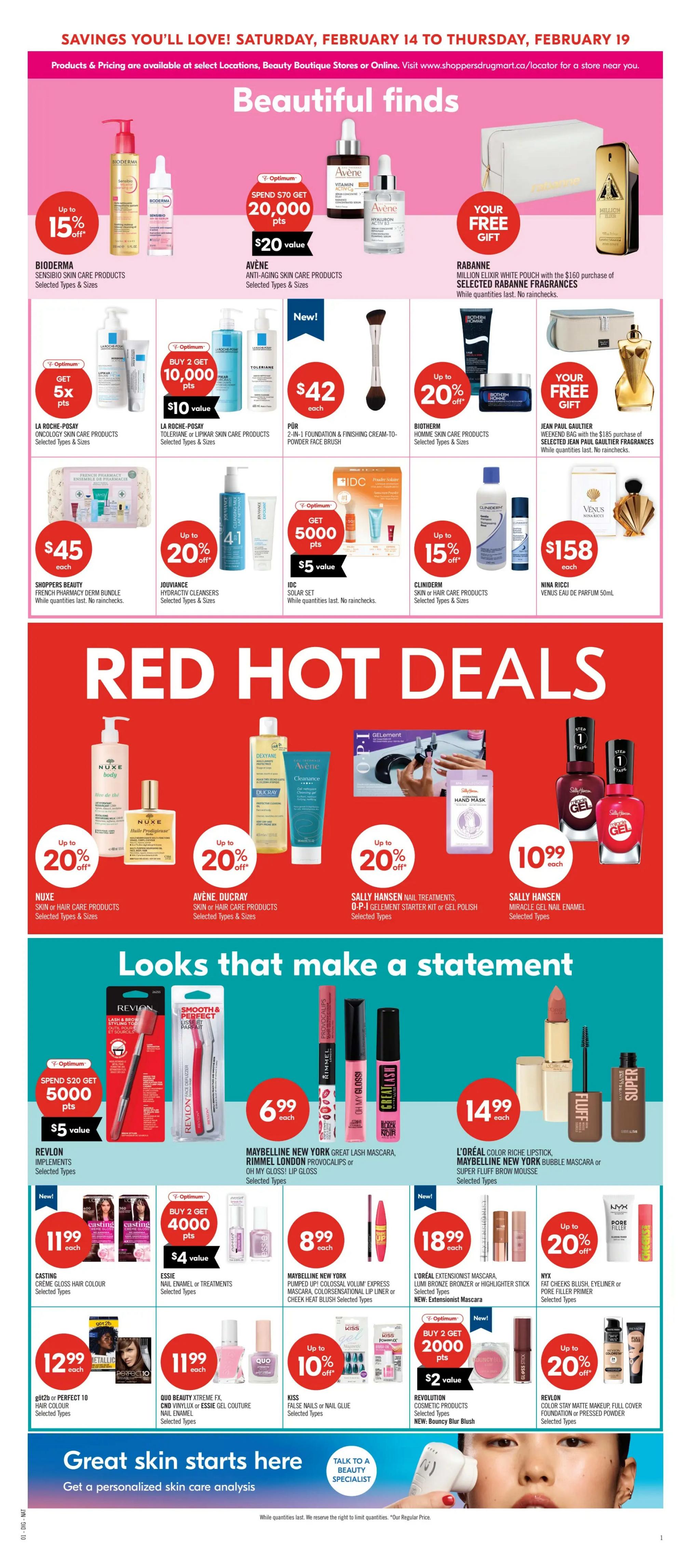 Shoppers Drug Mart Atlantic flyer page 13 featuring 'Beautiful Finds' with Bioderma Sensibio skincare products, Avène anti-aging skincare products, and a free gift with $160 purchase of Rabanne fragrances including a Million Elixir white pouch. Also features La Roche-Posay Oncology or Lipikar skincare products with 5x Optimum points, La Roche-Posay Toleriane or Lipikar skincare products with buy 2 get 10,000 Optimum points ($10 value), Pür 2-in-1 Foundation & Cream-to-Powder Face Brush for $42 each, Shoppers Beauty French Pharmacy Derm Bundle for $45 each, Jouviance HydraActiv Cleansers with up to 20% off, and IDC Solar Set with $5,000 Optimum points ($5 value). The 'Red Hot Deals' section includes Nuxe skin or hair care products with up to 20% off, Avène, Ducray skin or hair care products with up to 20% off, Sally Hansen Nail Treatments, O-P-I Gelement Starter Kit or Gel Polish, and Sally Hansen Miracle Gel Nail Enamel for $10.99 each. Also features Cliniderm skin or hair care products for $158 each, and Nina Ricci Venus Eau de Parfum 50mL. The 'Looks That Make a Statement' section showcases Revlon Implements for $5000 Optimum points ($5 value), Maybelline New York Great Lash Mascara, Rimel London Provocalips Oh My Gloss! Lip Gloss, or Super Fluid Brow Mousse for $6.99 each. Casting Crème Gloss Hair Colour is $11.99 each. Essie Nail Enamel or Treatments with buy 2 get 4000 Optimum points ($4 value). Maybelline New York Pumped Up! Colossal Mascara, Color Sensational Cheek Heat Blush or Sleek Liner for $8.99 each. L'Oréal Extensionist Mascara, Lumi Bronze Bronzer or Highlighter Stick for $18.99 each. NYX Fat Cheeks Blush, Eyeliner or Pore Filler Primer with up to 20% off. Göt2b or Perfect 10 Hair Colour for $12.99 each. Quo Beauty Xtreme FX, CND Vinylux or Essie Gel Couture Nail Enamel for $11.99 each. Kiss False Nails or Nail Glues with up to 10% off. Revolution Cosmetic Products, including NEW Bouncy Blurry Blush. Revlon Color Stay Matte Makeup, Full Cover Foundation or Pressed Powder with up to 20% off. The flyer also promotes 'Great skin starts here' with personalized skincare analysis.